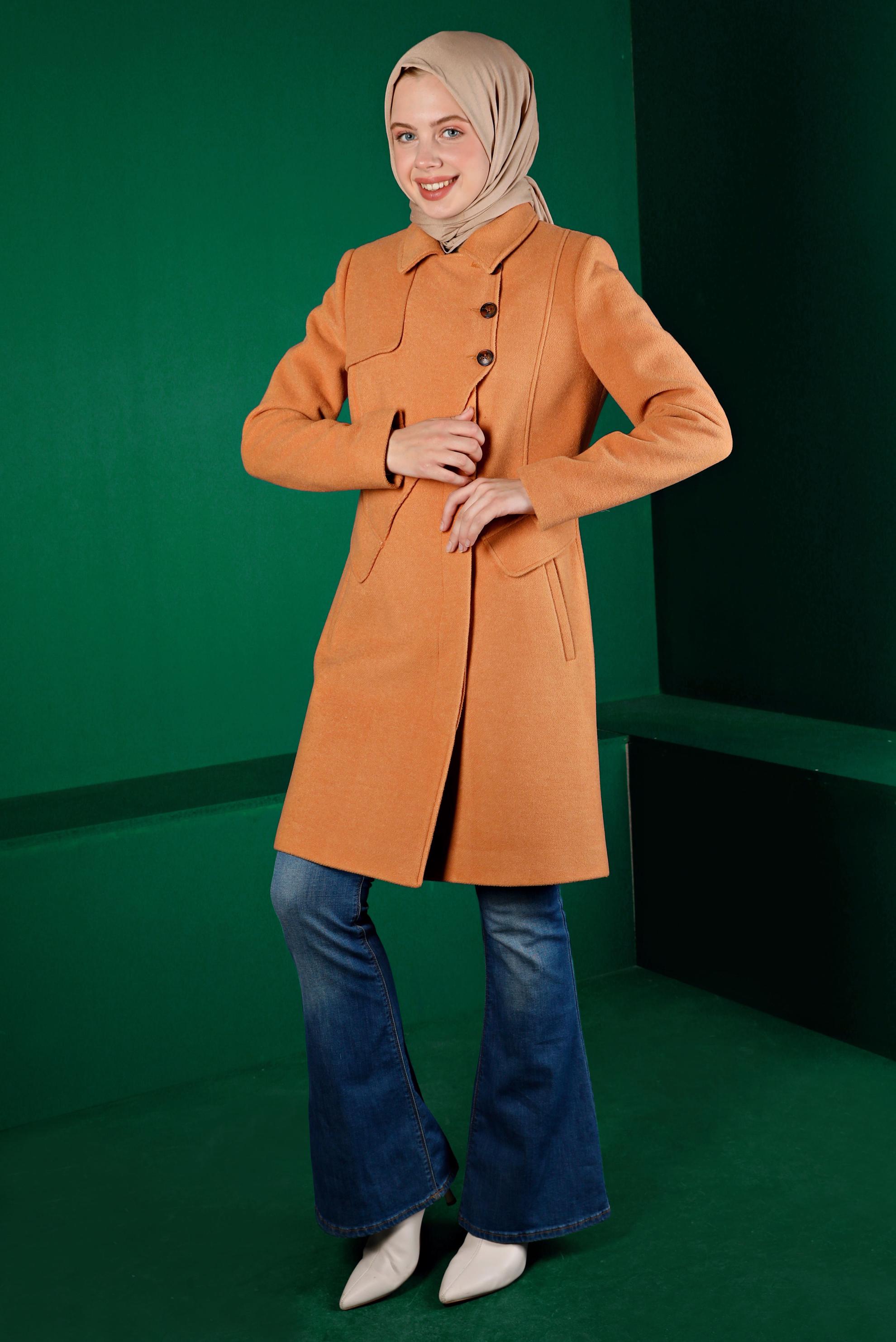 Tesettür giyim KAHVE ASİMETRİK KESİM DÜĞMELİ KABAN 90251