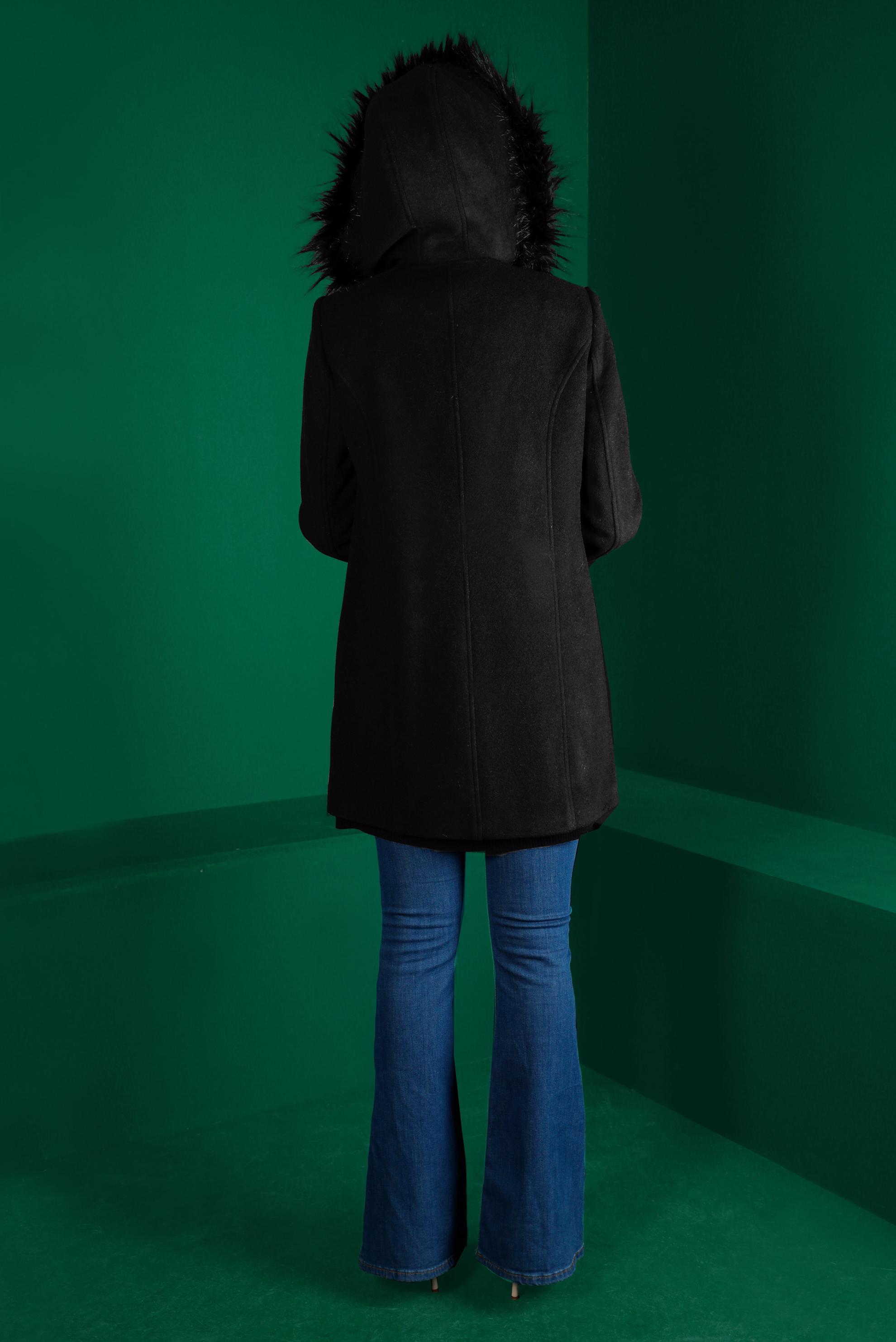 Tesettür giyim SİYAH KAPÜŞONU KÜRKLÜ KAŞE KABAN 90252 