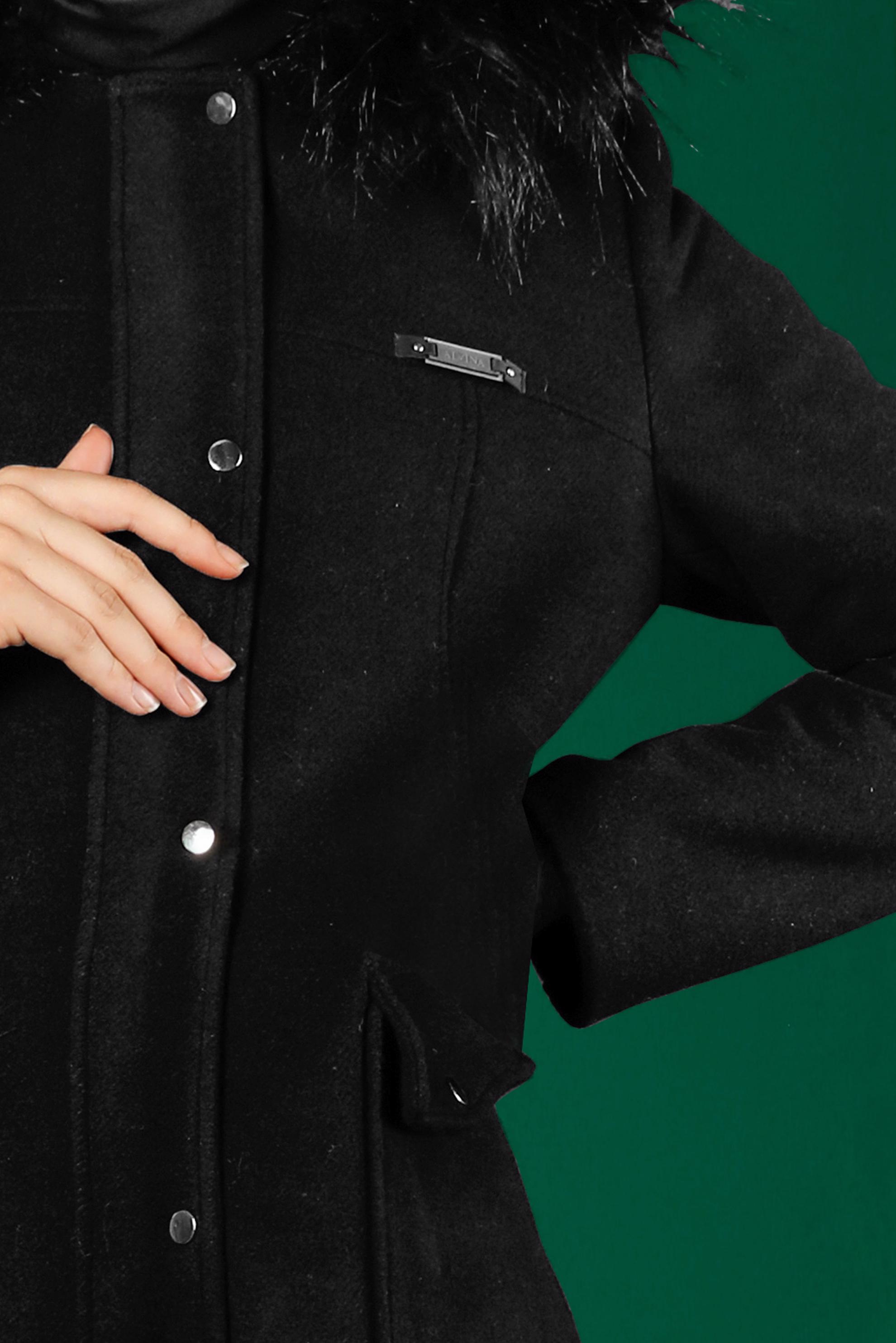 Tesettür giyim SİYAH KAPÜŞONU KÜRKLÜ KAŞE KABAN 90252 