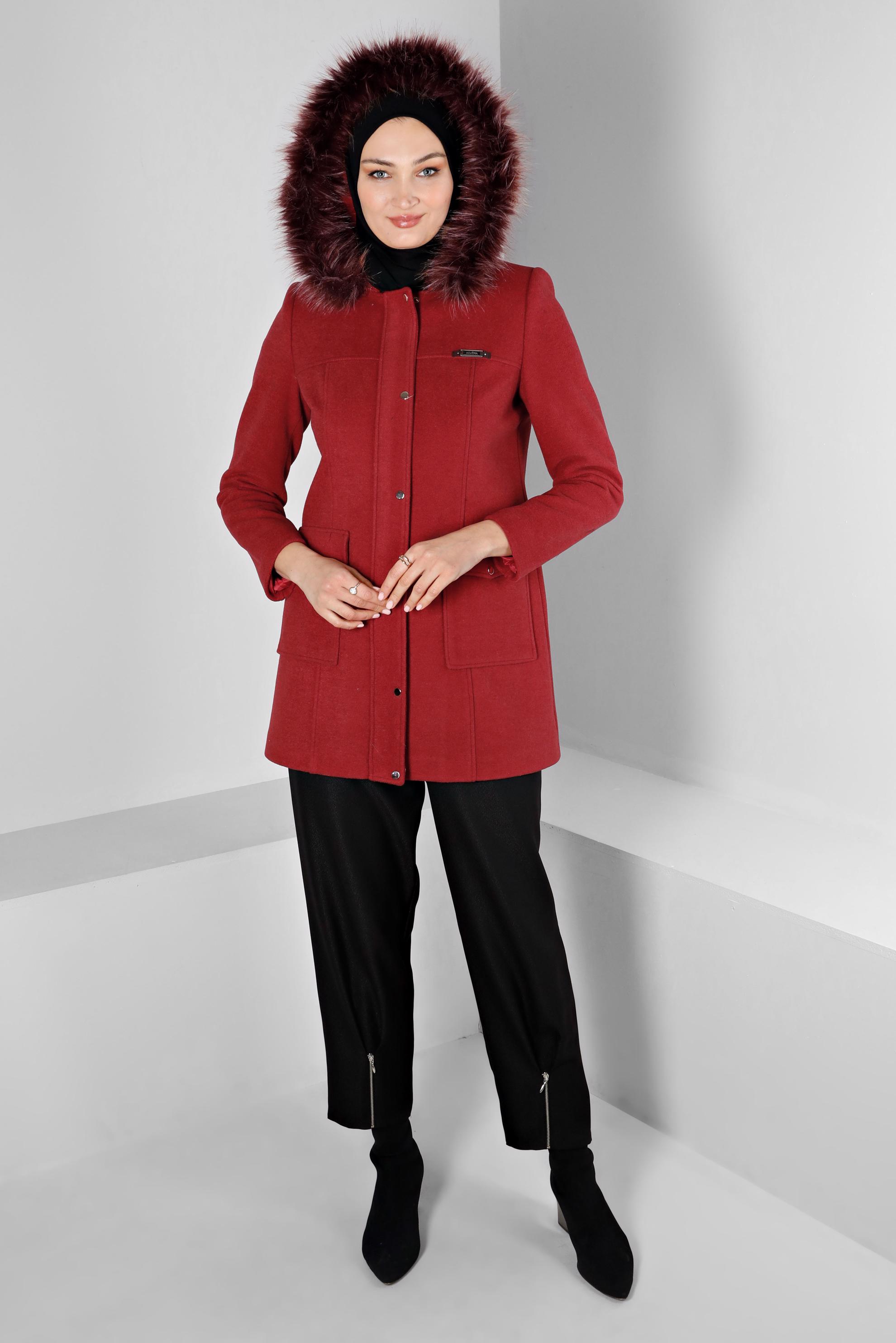 Tesettür giyim TURUNCU KAPÜŞONU KÜRKLÜ KAŞE KABAN 90252 