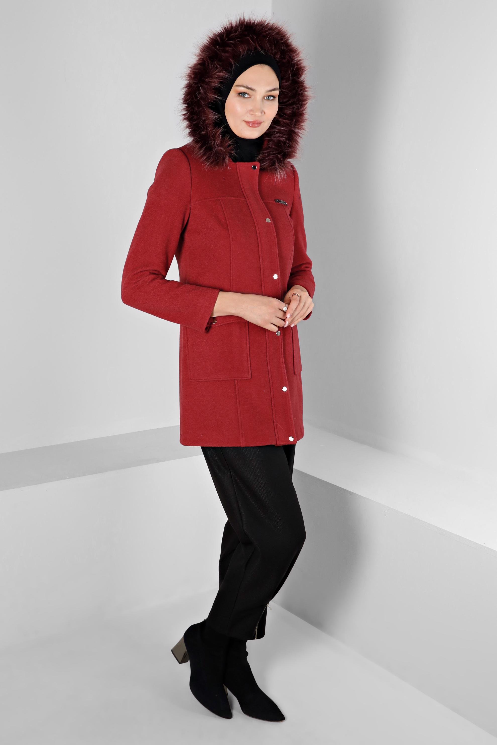 Tesettür giyim TURUNCU KAPÜŞONU KÜRKLÜ KAŞE KABAN 90252 