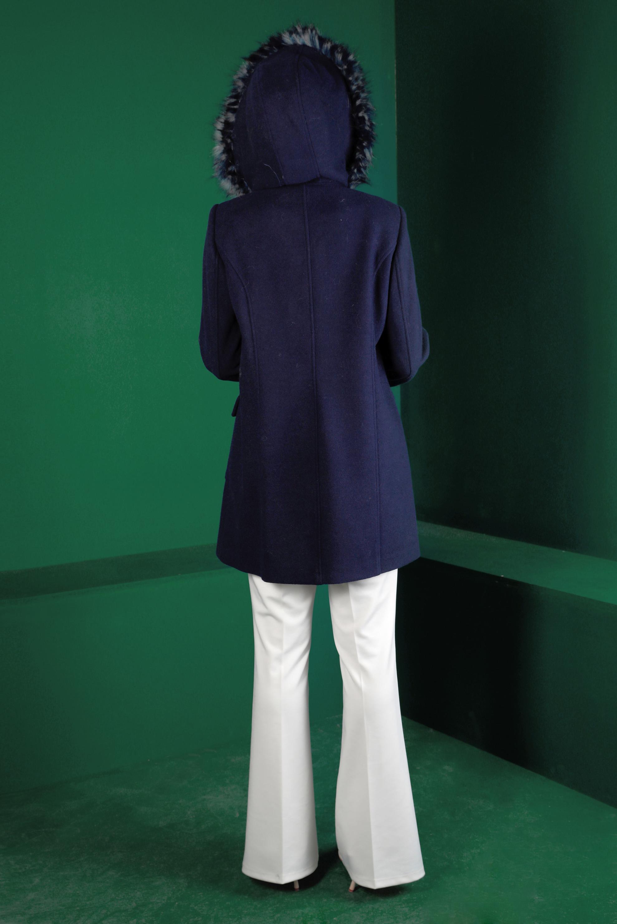 Tesettür giyim LACİVERT KAPÜŞONU KÜRKLÜ KAŞE KABAN 90252 