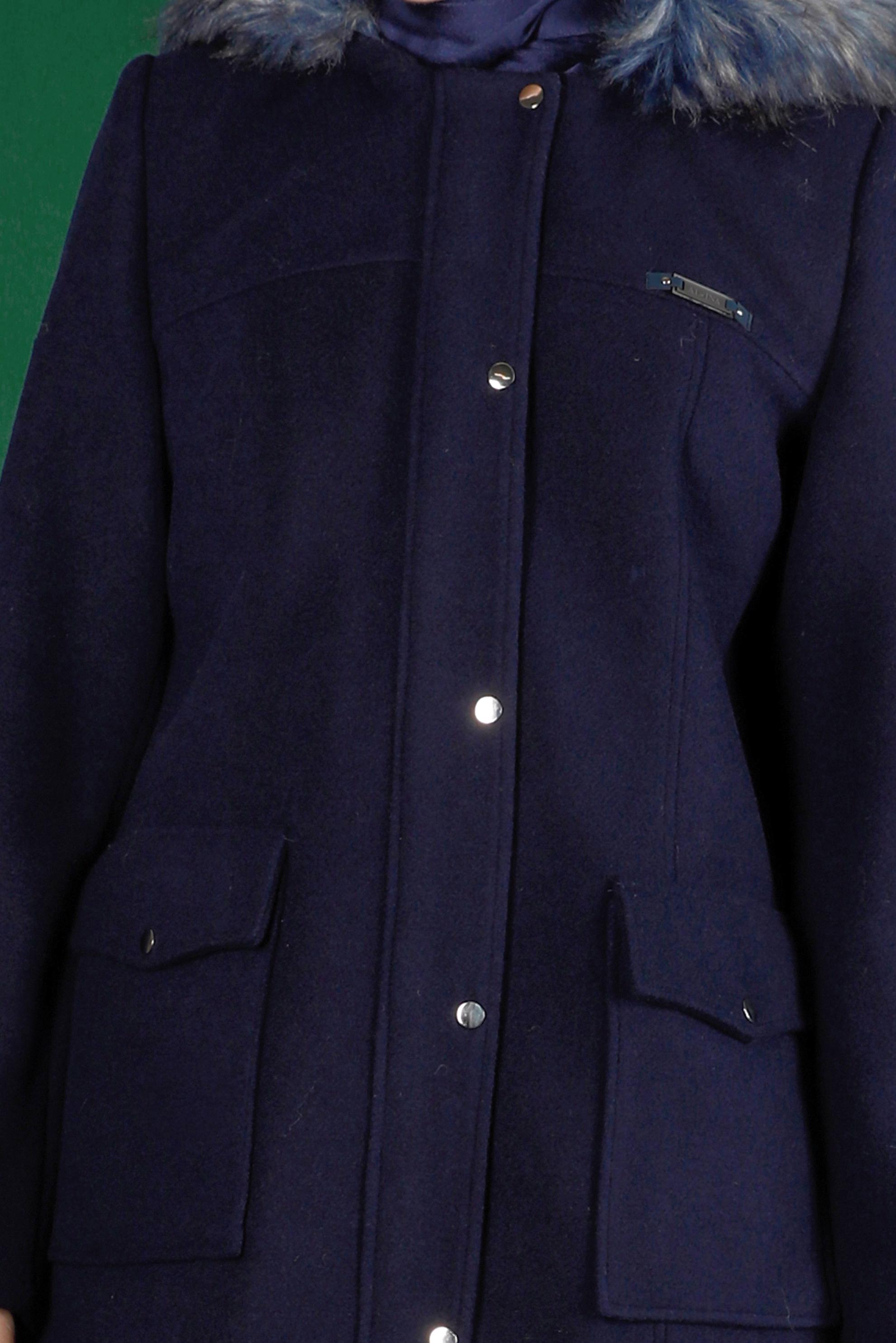 Tesettür giyim LACİVERT KAPÜŞONU KÜRKLÜ KAŞE KABAN 90252 