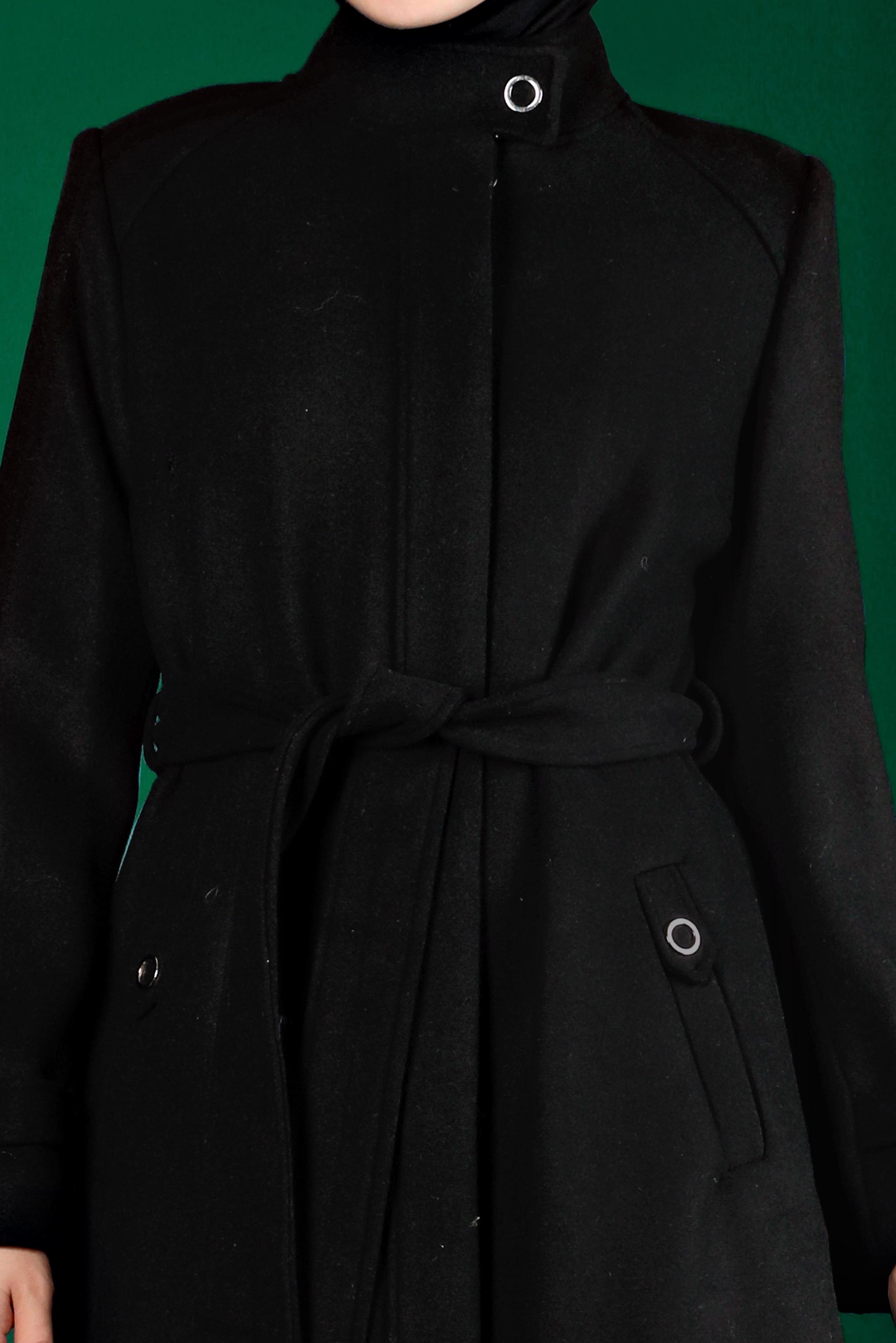 Tesettür giyim SİYAH VATKALI KUŞAKLI KABAN 90254 