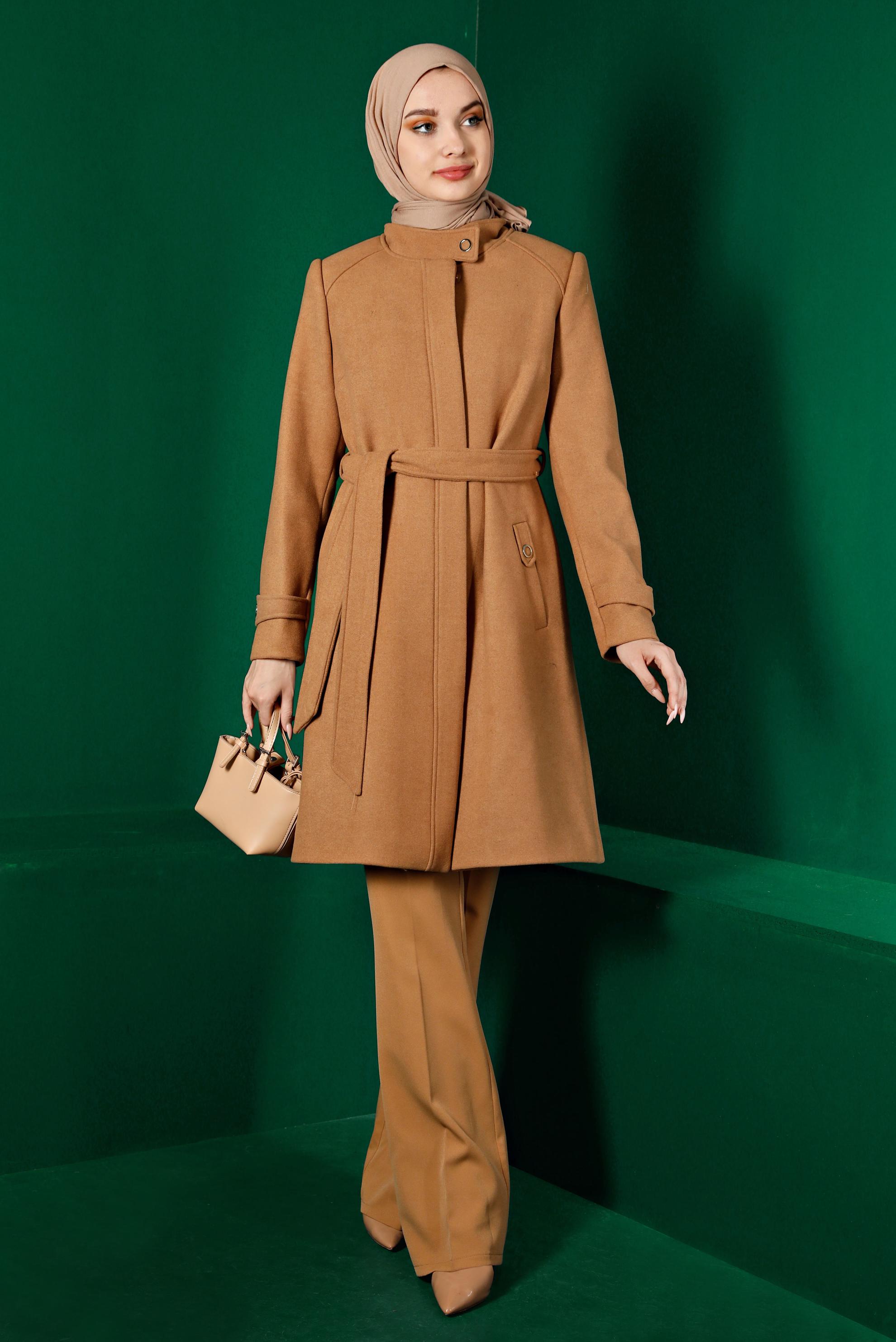 Tesettür giyim KAHVE VATKALI KUŞAKLI KABAN 90254 