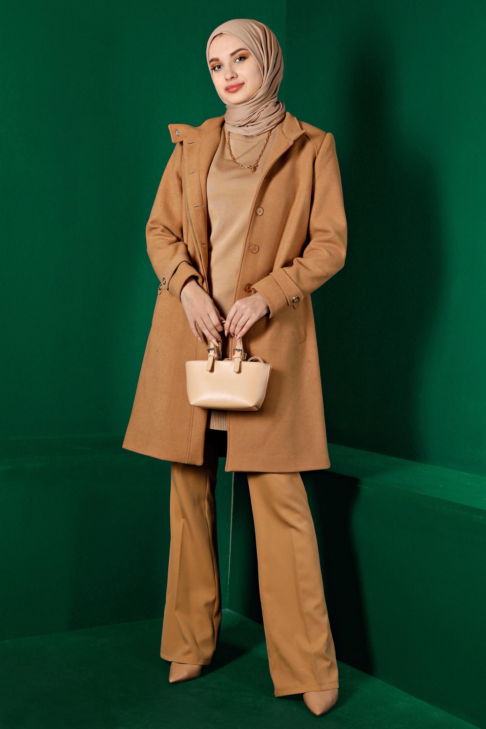 Tesettür giyim KAHVE VATKALI KUŞAKLI KABAN 90254 