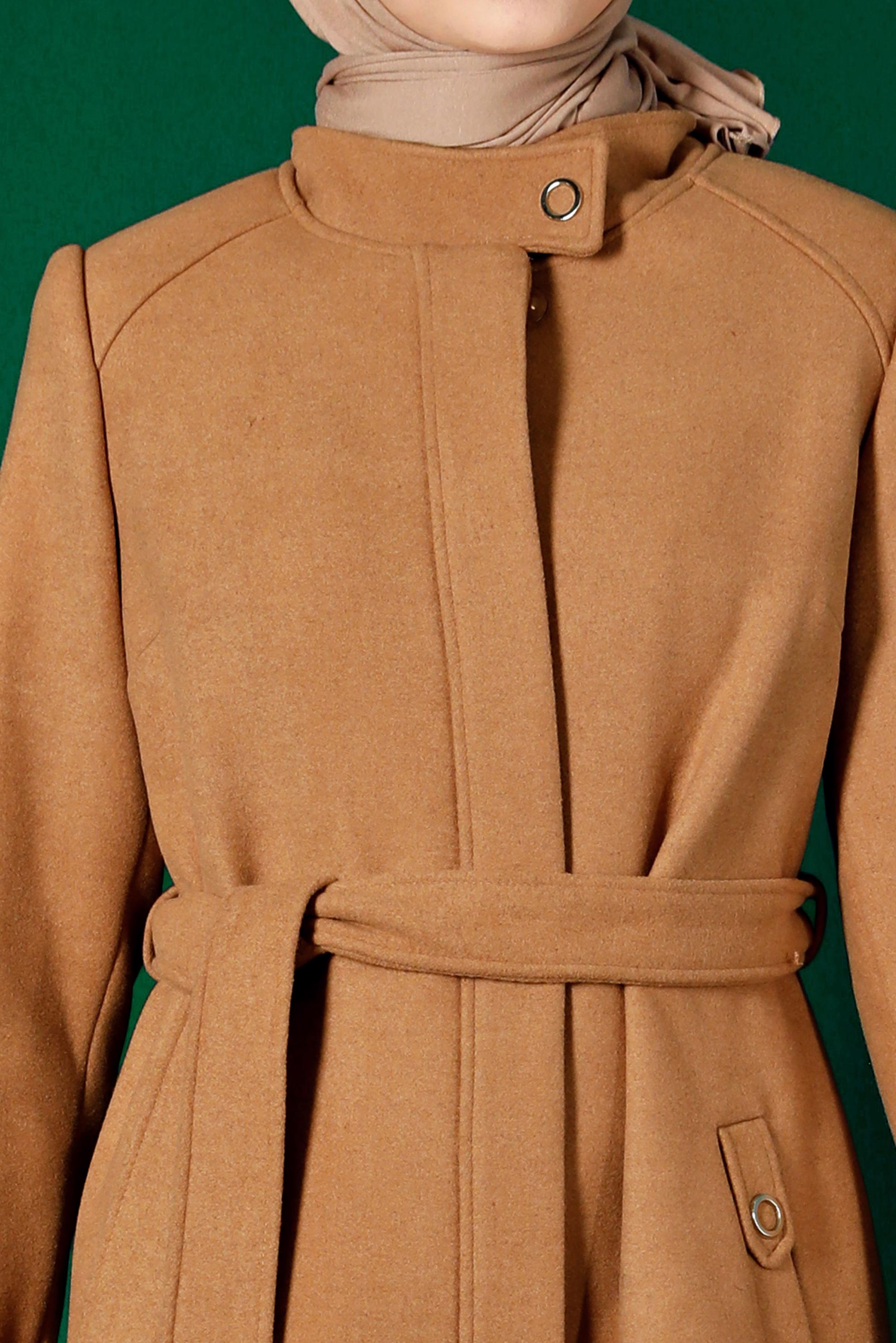 Tesettür giyim KAHVE VATKALI KUŞAKLI KABAN 90254 