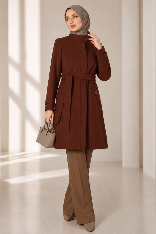 Vêtements hijab ORANGE MANTEAU REMBOURRÉ AVEC CEINTURE 90254 - ALVİNA