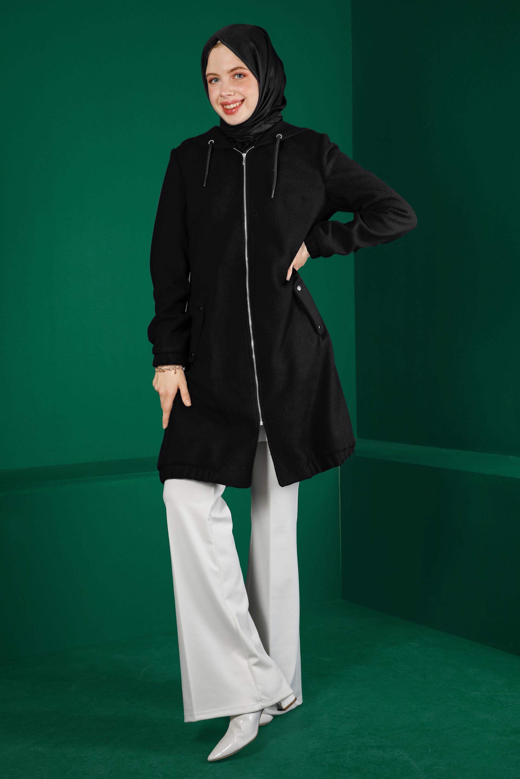 Tesettür giyim SİYAH KAPÜŞONLU FERMUARLI KABAN 90257 
