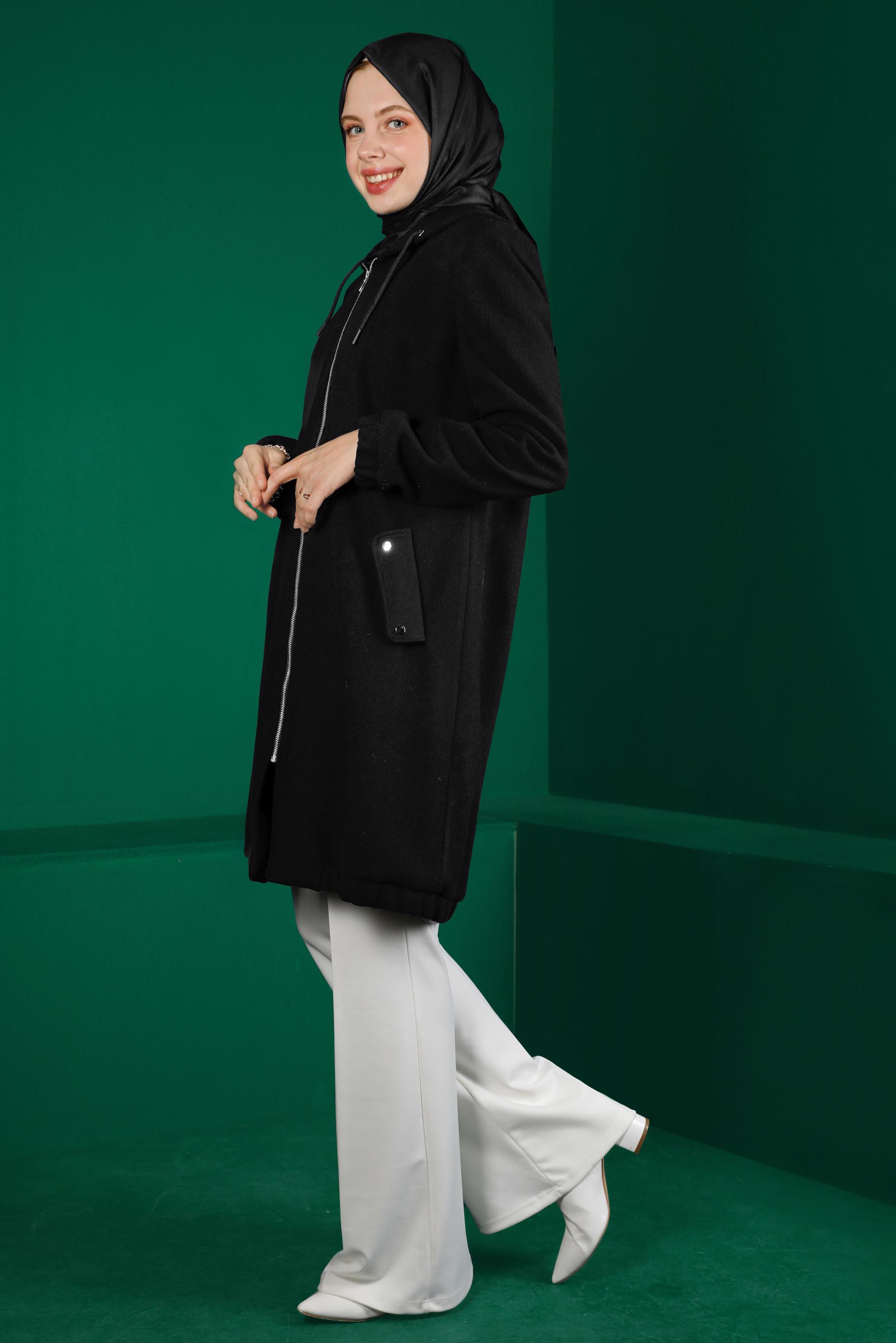 Tesettür giyim SİYAH KAPÜŞONLU FERMUARLI KABAN 90257 