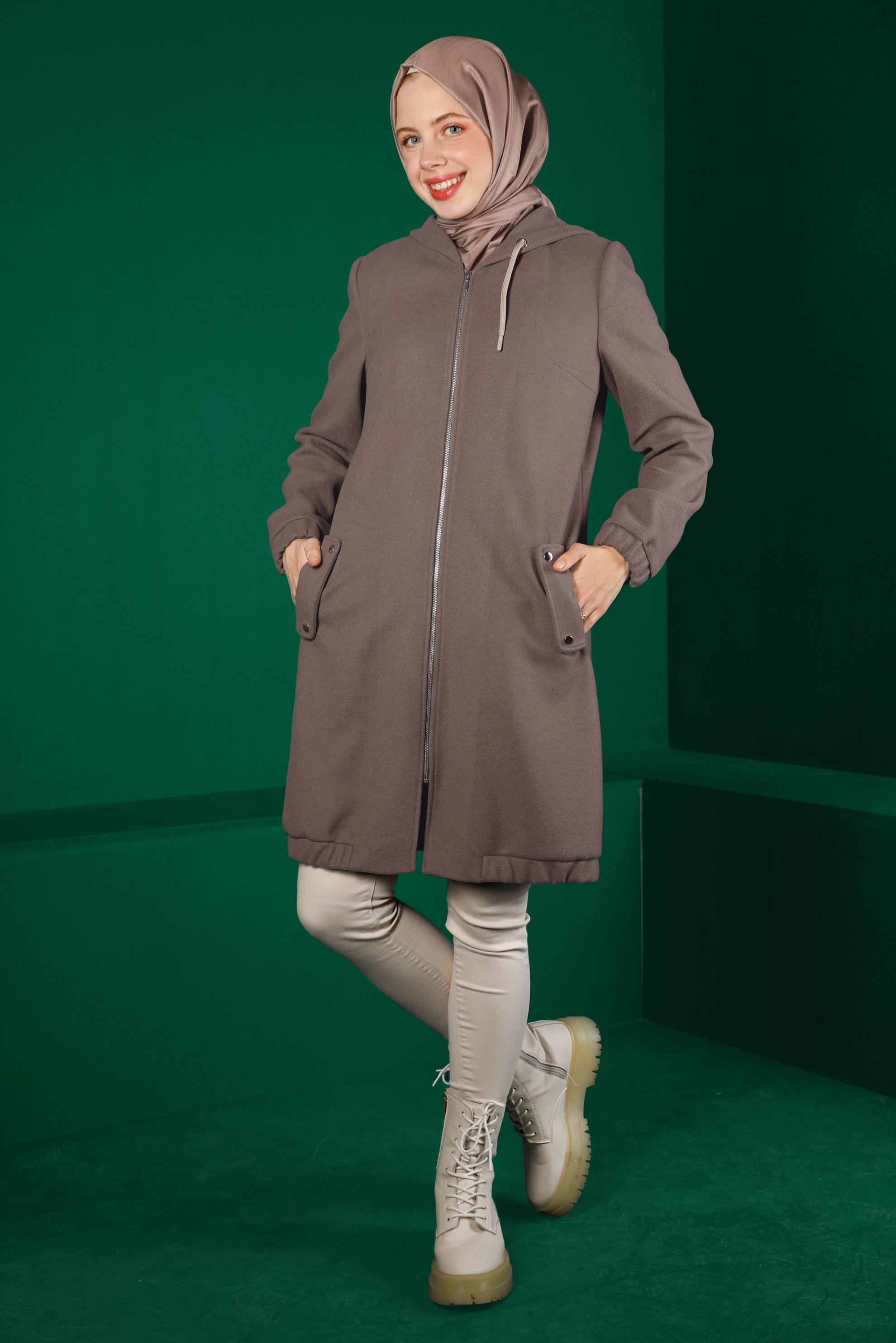 Tesettür giyim VİZON KAPÜŞONLU FERMUARLI KABAN 90257 