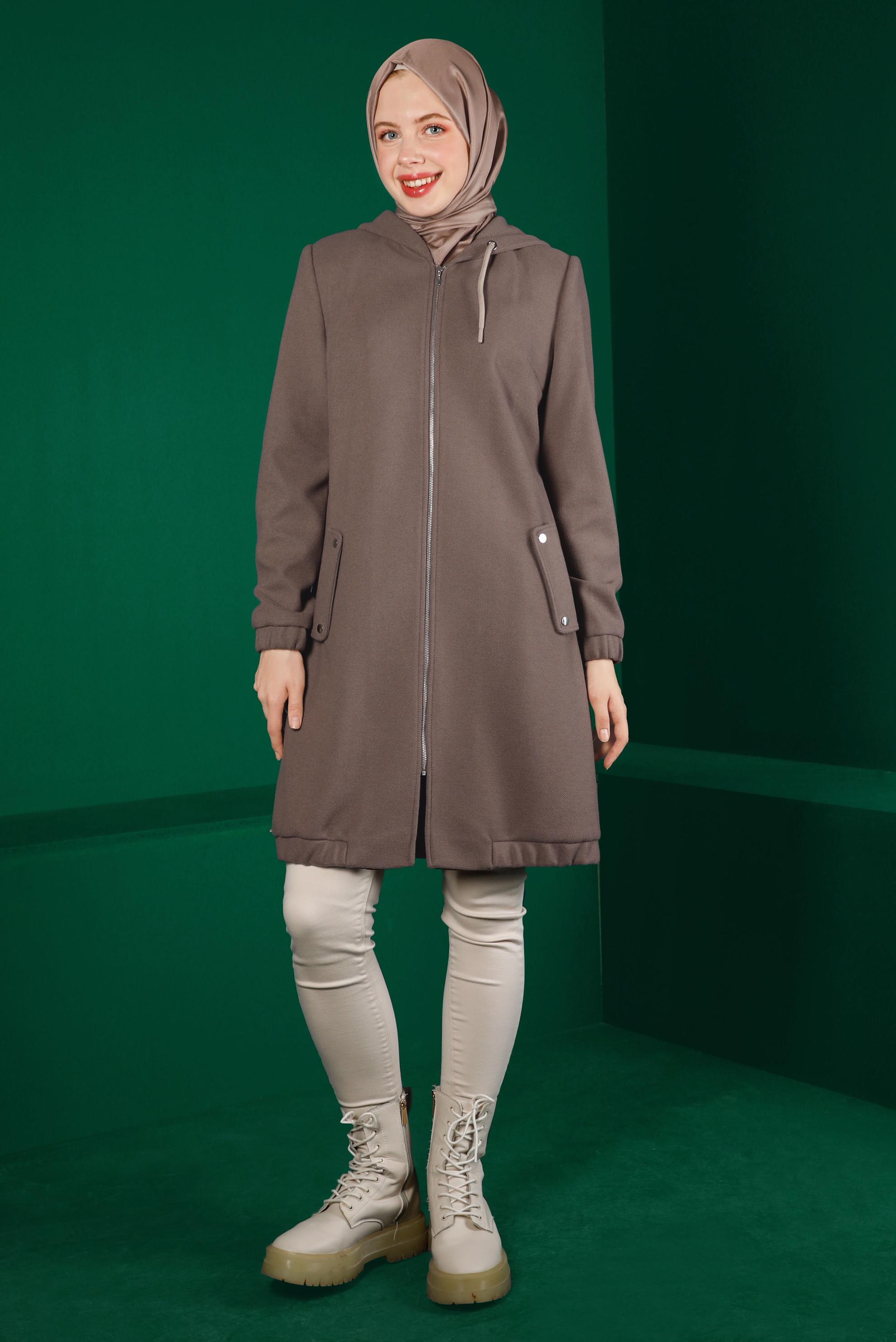 Tesettür giyim VİZON KAPÜŞONLU FERMUARLI KABAN 90257 