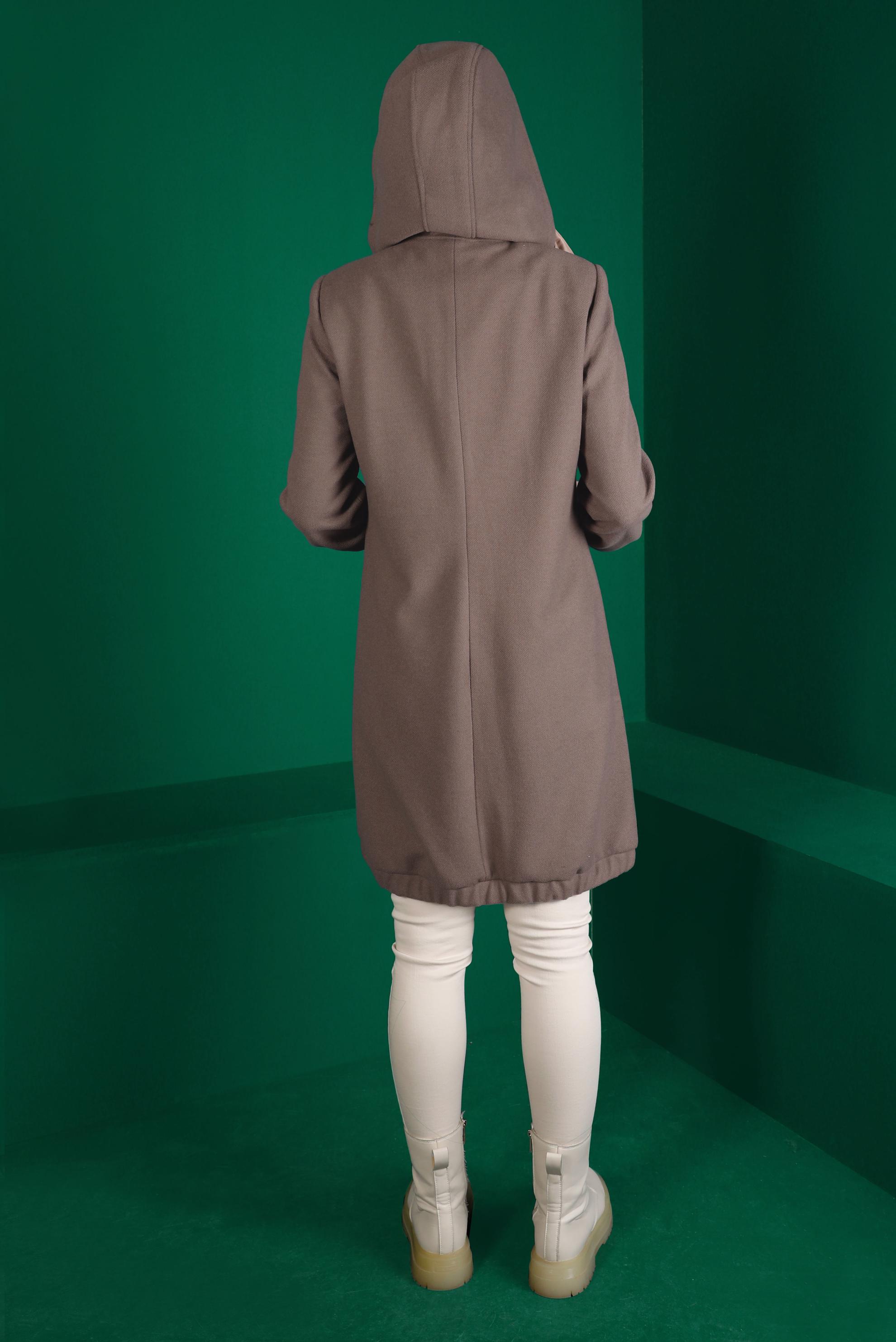 Tesettür giyim VİZON KAPÜŞONLU FERMUARLI KABAN 90257 