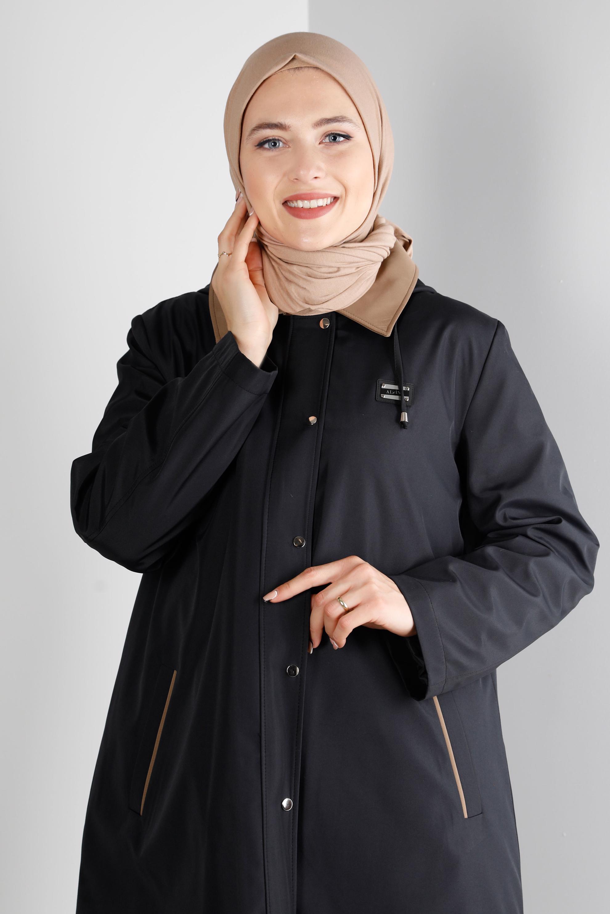 Hijab clothing BLACK HOODED COAT WITH POCKET DETAIL 90270