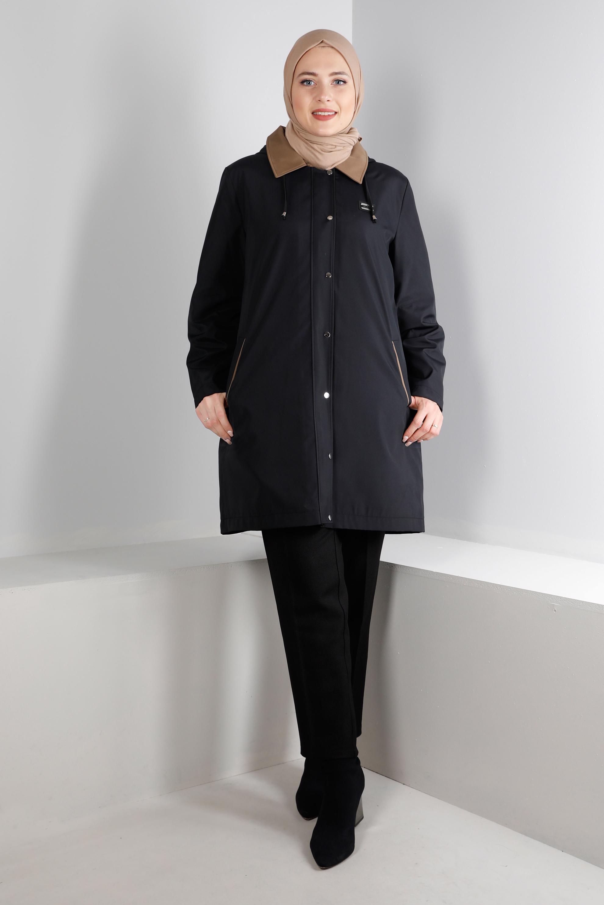 Hijab clothing BLACK HOODED COAT WITH POCKET DETAIL 90270