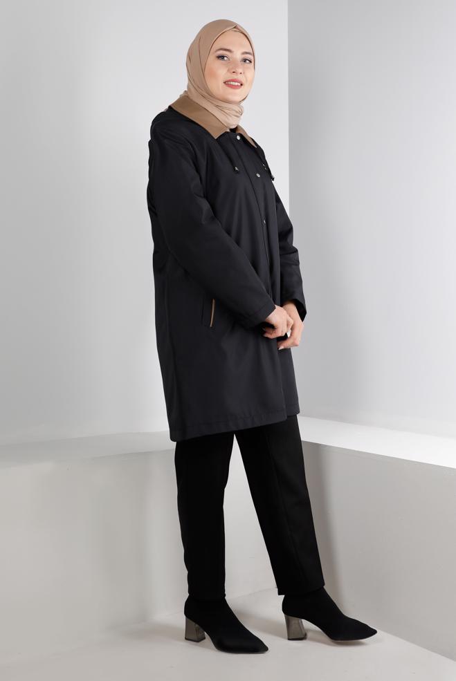 Tesettür giyim SİYAH KAPÜŞONLU CEPLİ ÇITÇITLI KABAN 90270 - ALVİNA