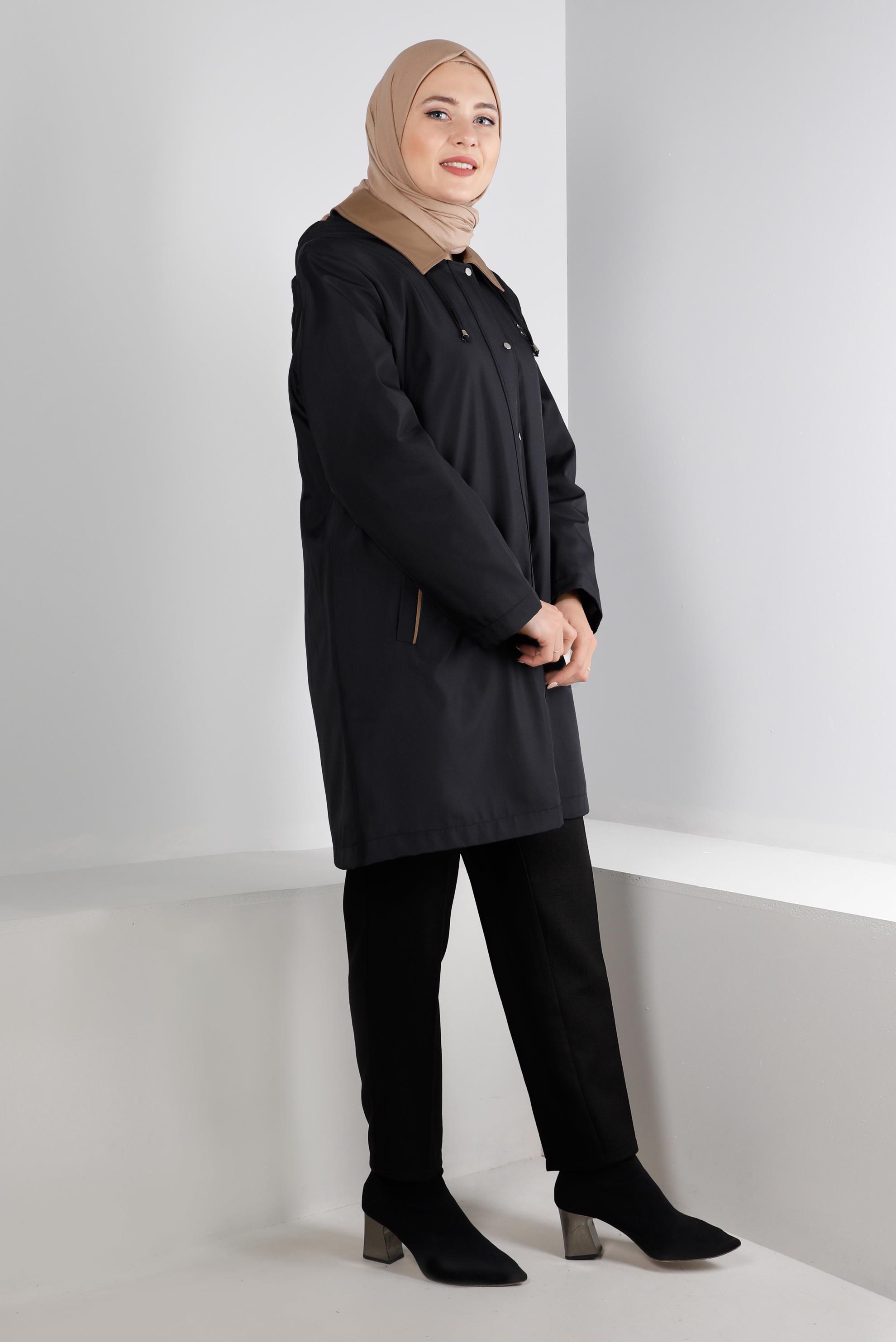 Hijab clothing BLACK HOODED COAT WITH POCKET DETAIL 90270