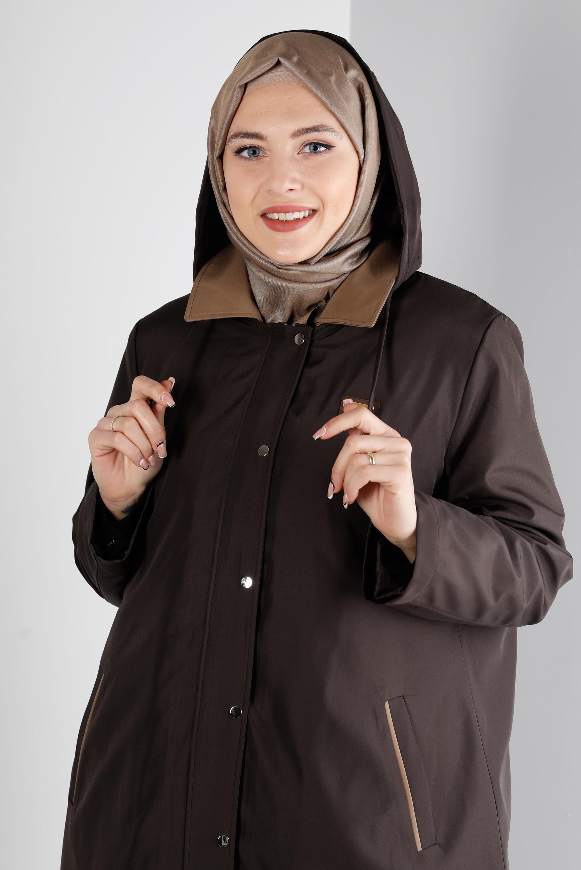 Hijab clothing BROWN HOODED COAT WITH POCKET DETAIL 90270