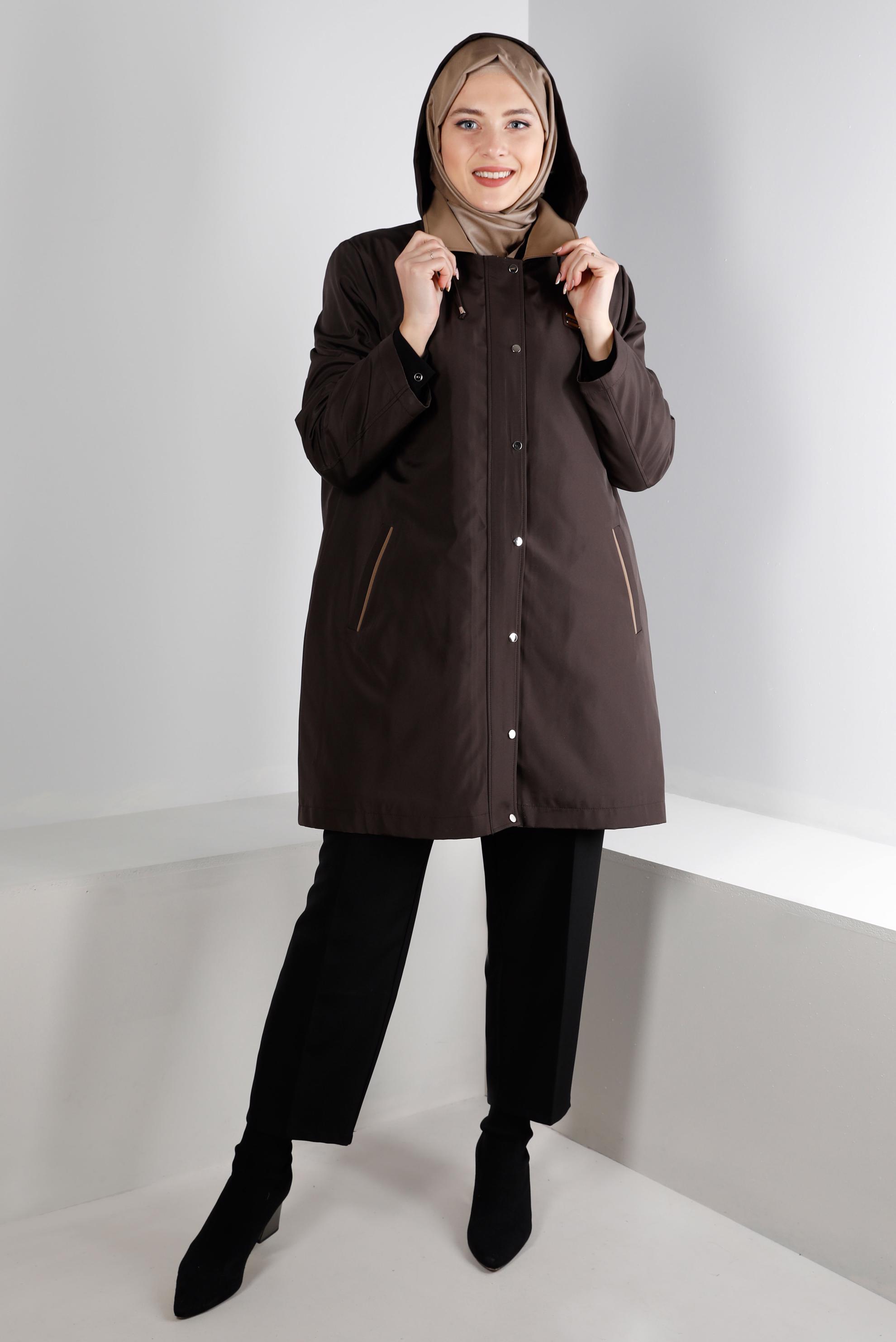 Hijab clothing BROWN HOODED COAT WITH POCKET DETAIL 90270