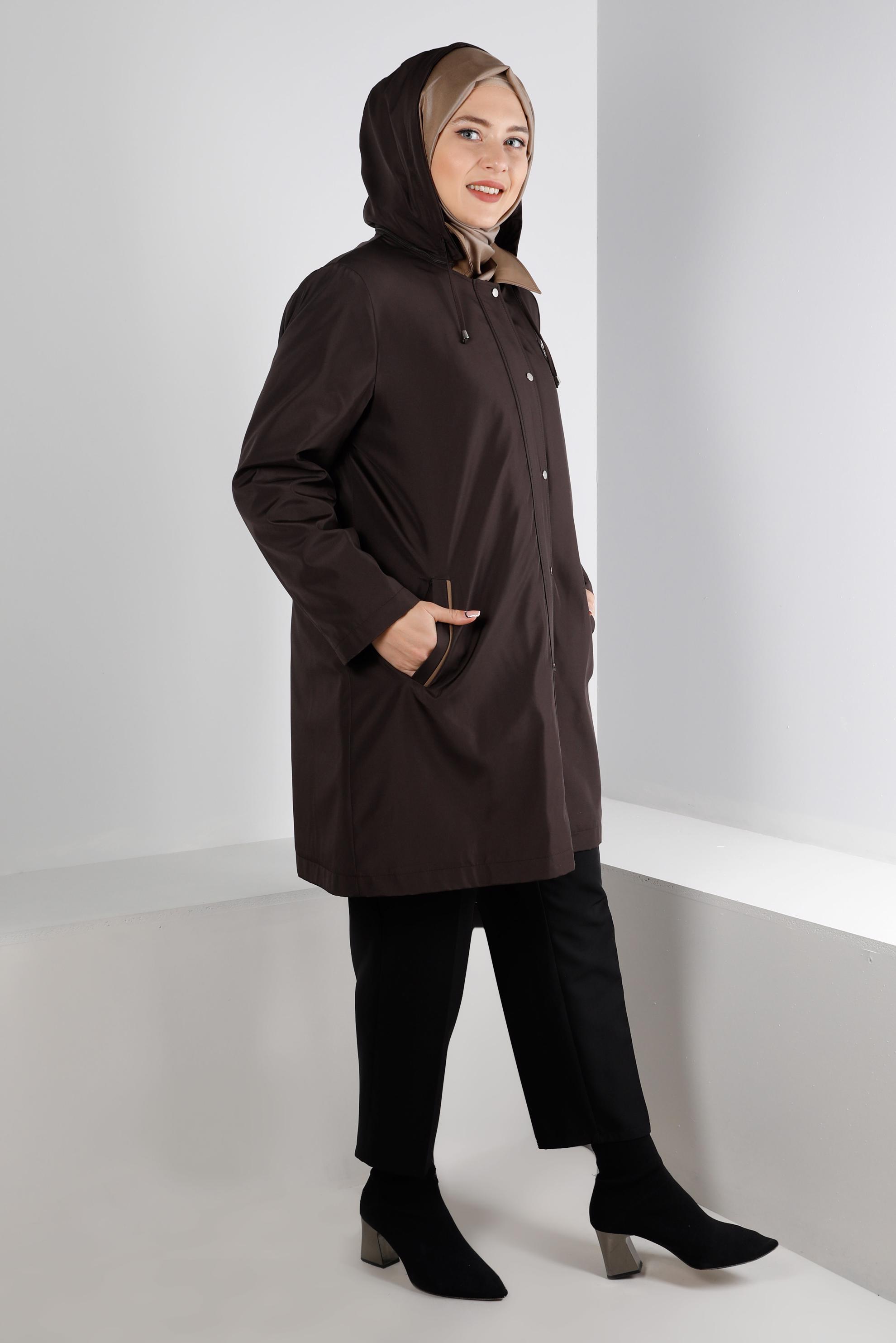 Hijab clothing BROWN HOODED COAT WITH POCKET DETAIL 90270