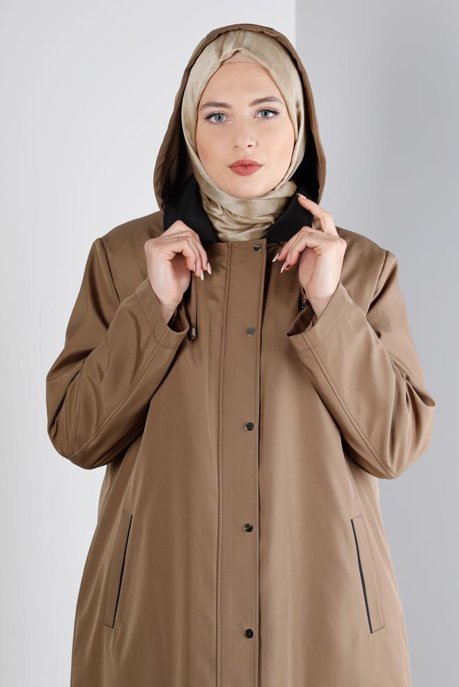 Tesettür giyim VİZON KAPÜŞONLU CEPLİ ÇITÇITLI KABAN 90270 - ALVİNA