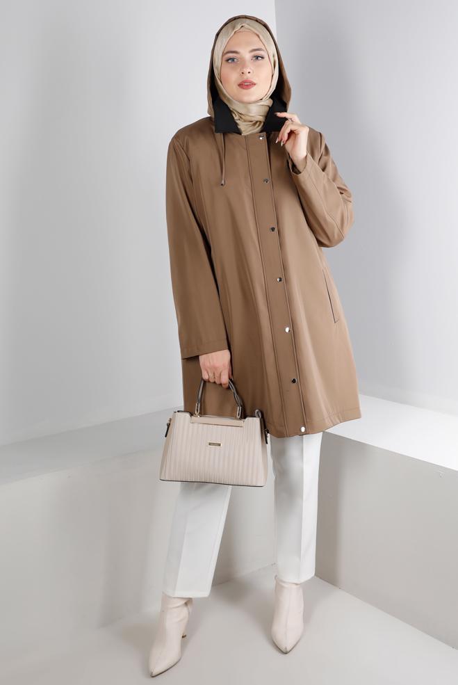 Tesettür giyim VİZON KAPÜŞONLU CEPLİ ÇITÇITLI KABAN 90270 - ALVİNA