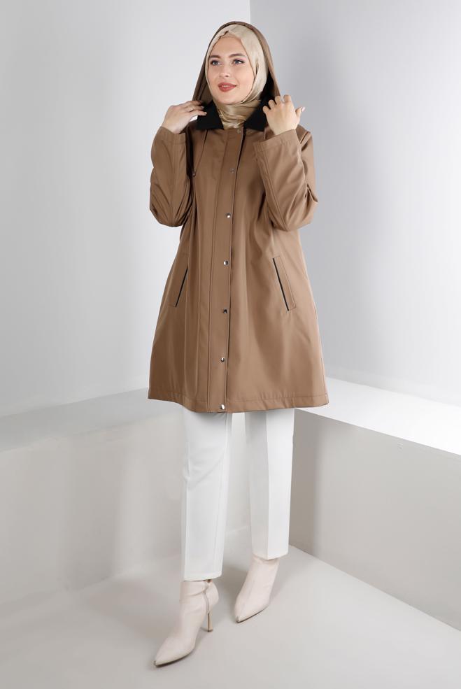 Tesettür giyim VİZON KAPÜŞONLU CEPLİ ÇITÇITLI KABAN 90270 - ALVİNA