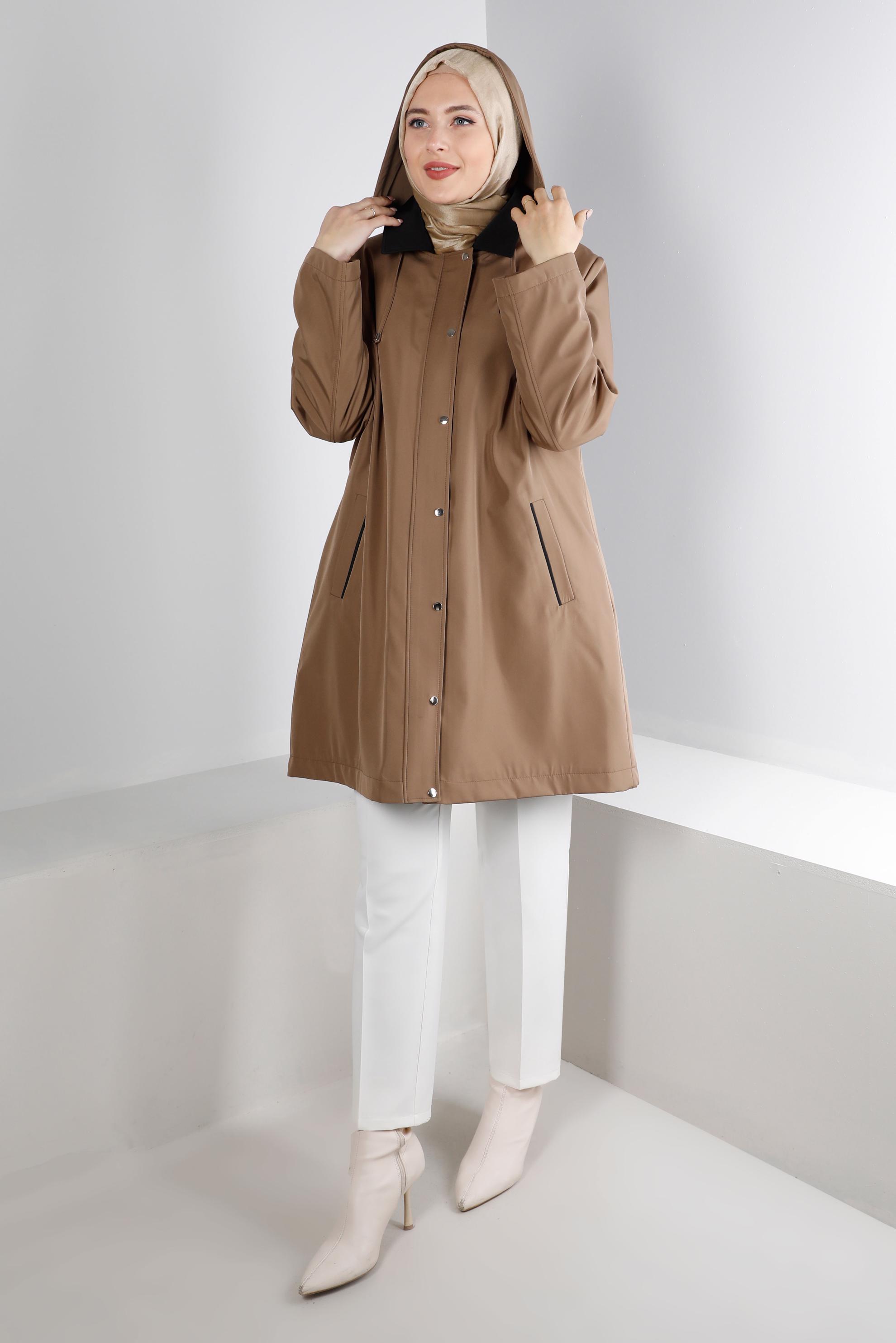 Tesettür giyim VİZON KAPÜŞONLU CEPLİ ÇITÇITLI KABAN 90270
