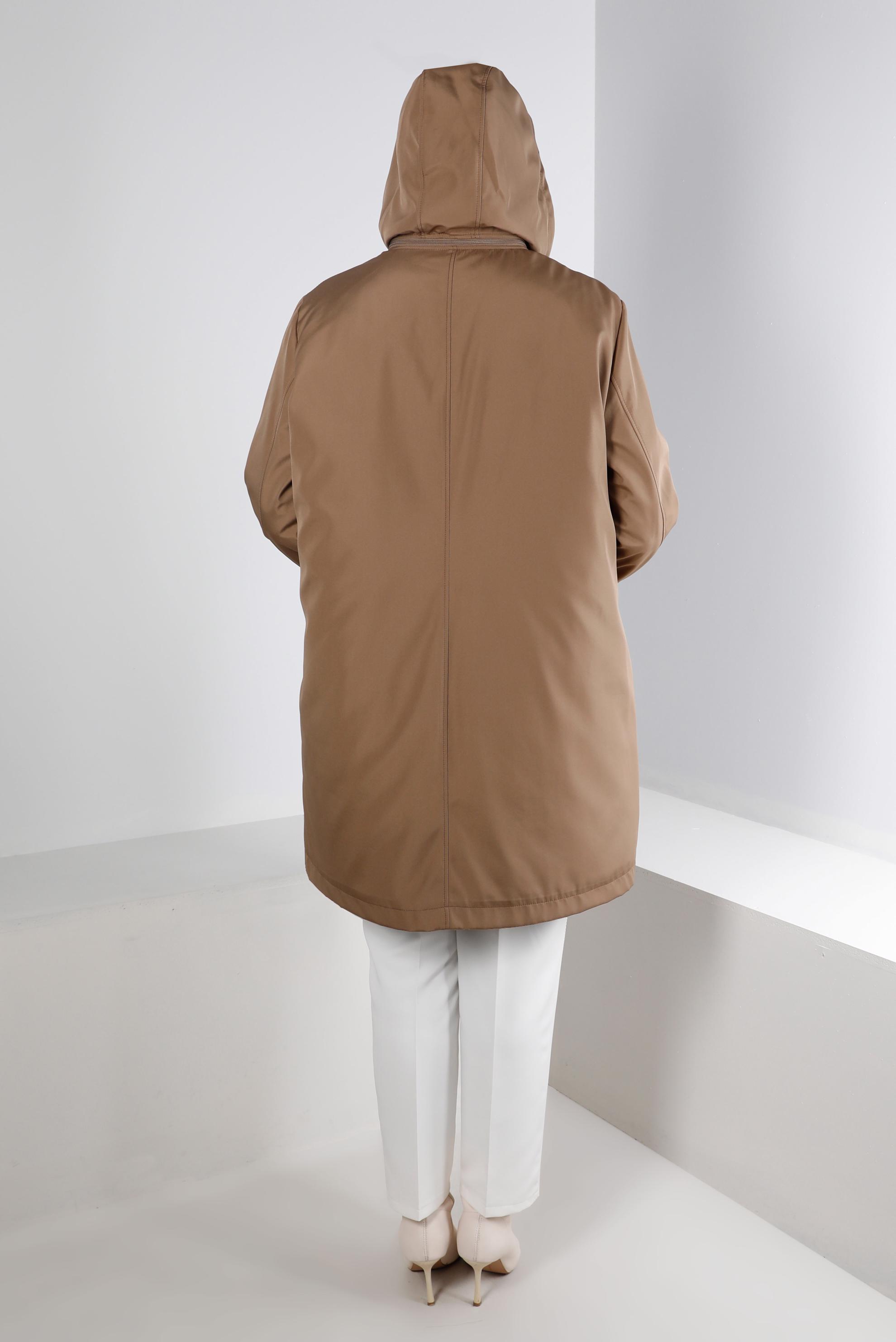 Tesettür giyim VİZON KAPÜŞONLU CEPLİ ÇITÇITLI KABAN 90270