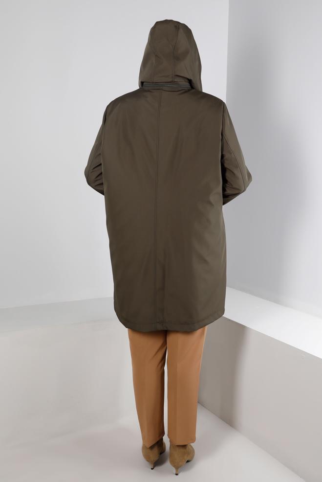 Tesettür giyim HAKİ KAPÜŞONLU CEPLİ ÇITÇITLI KABAN 90270 - ALVİNA