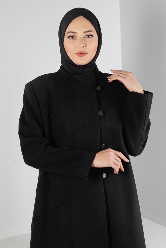Tesettür giyim SİYAH HAKİM YAKA DÜĞME DETAYLI KABAN 90278  - ALVİNA
