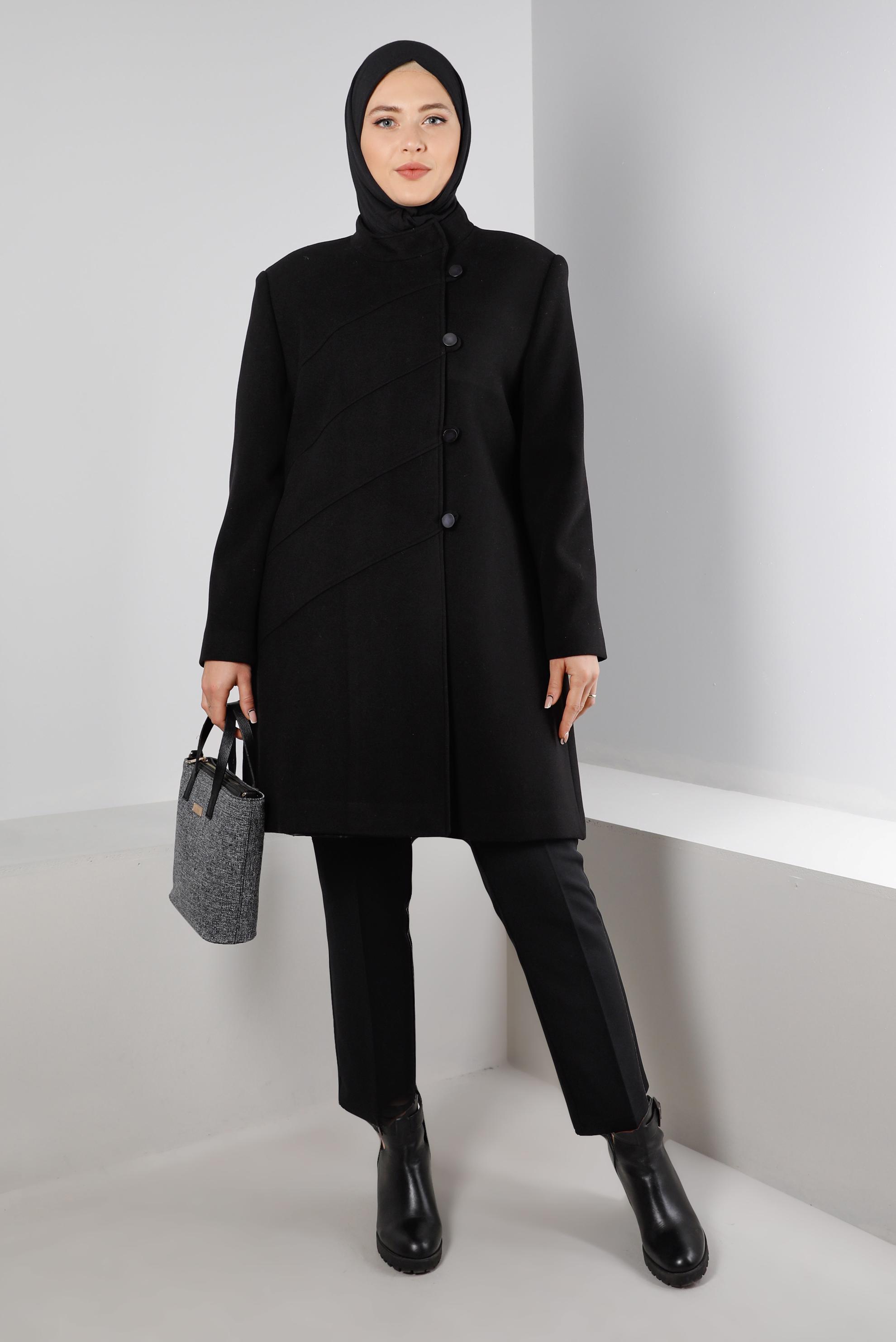 Vêtements hijab NOIR MANTEAU COL MAO AVEC BOUTONNAGE 90278