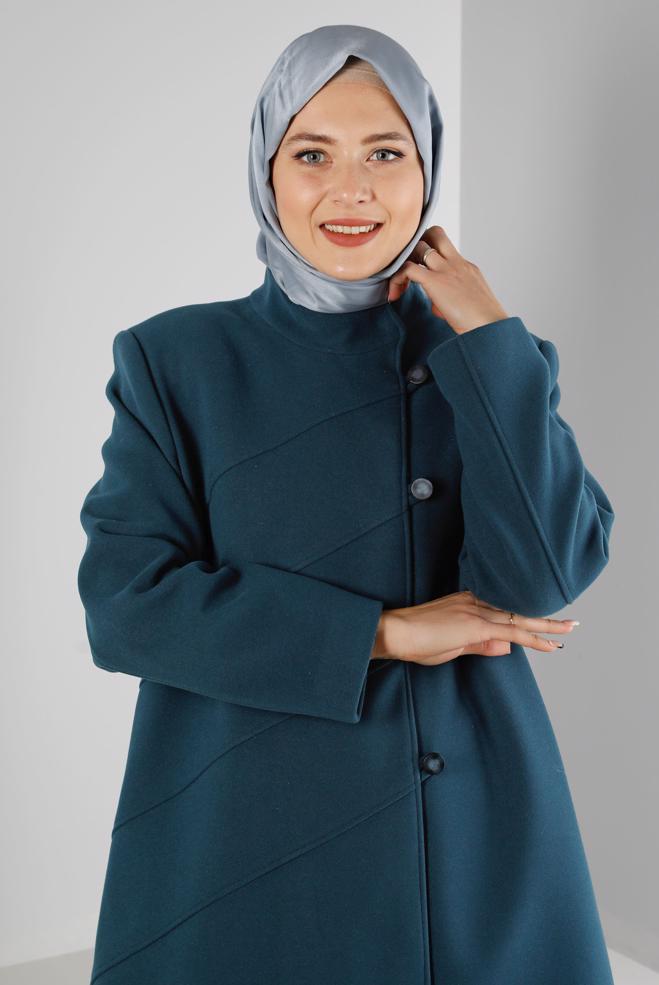 Tesettür giyim MAVİ HAKİM YAKA DÜĞME DETAYLI KABAN 90278  - ALVİNA