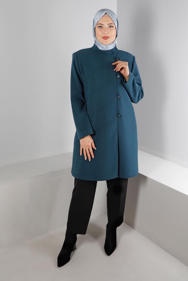 Tesettür giyim MAVİ HAKİM YAKA DÜĞME DETAYLI KABAN 90278  - ALVİNA