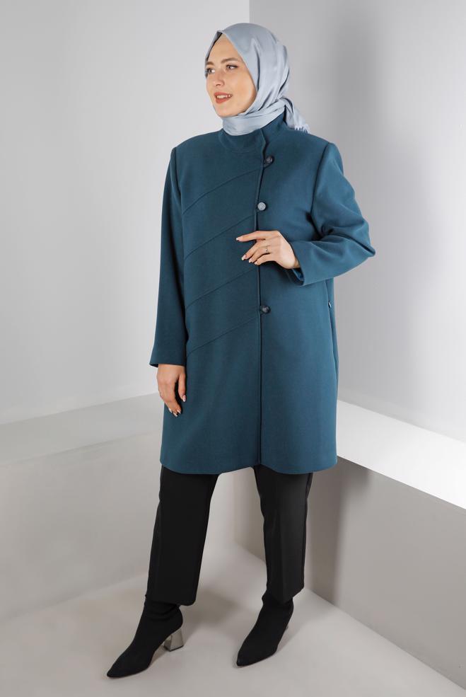Tesettür giyim MAVİ HAKİM YAKA DÜĞME DETAYLI KABAN 90278  - ALVİNA