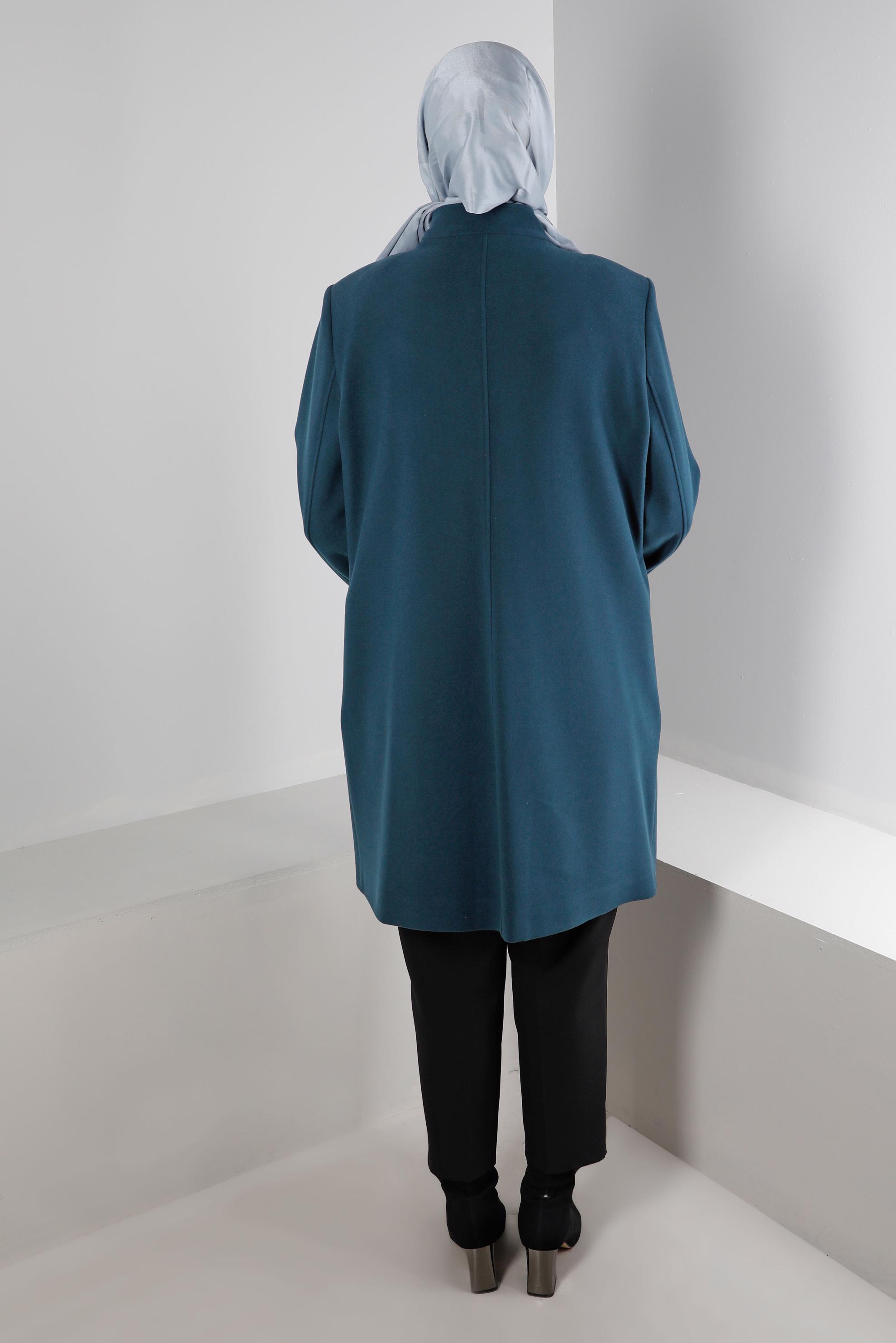 Tesettür giyim MAVİ HAKİM YAKA DÜĞME DETAYLI KABAN 90278 