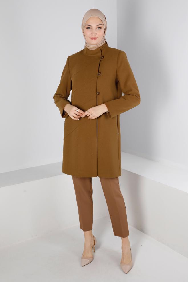 Tesettür giyim TABA HAKİM YAKA DÜĞME DETAYLI KABAN 90278  - ALVİNA