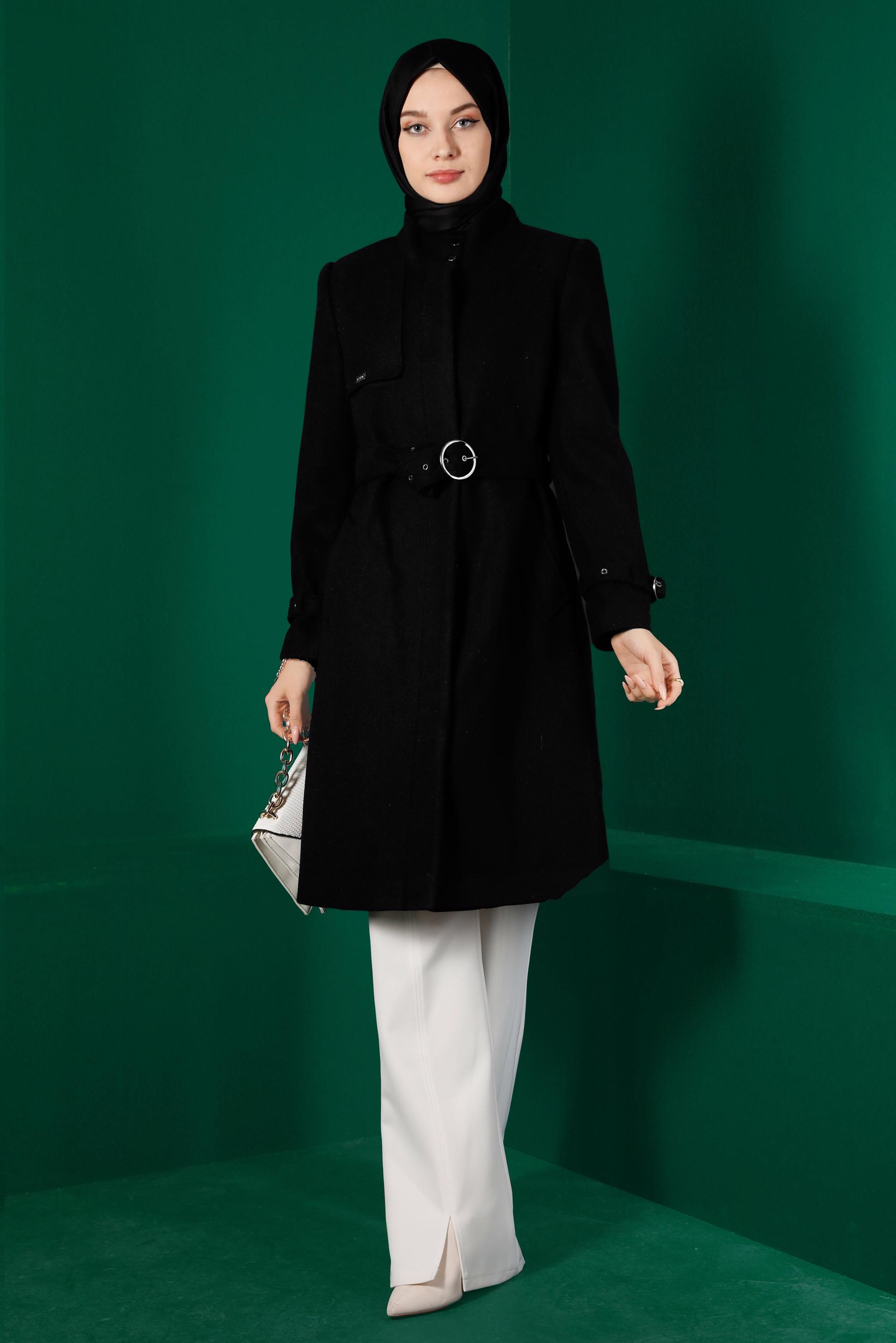 Tesettür giyim SİYAH KEMERLİ CEPLİ KABAN 90301