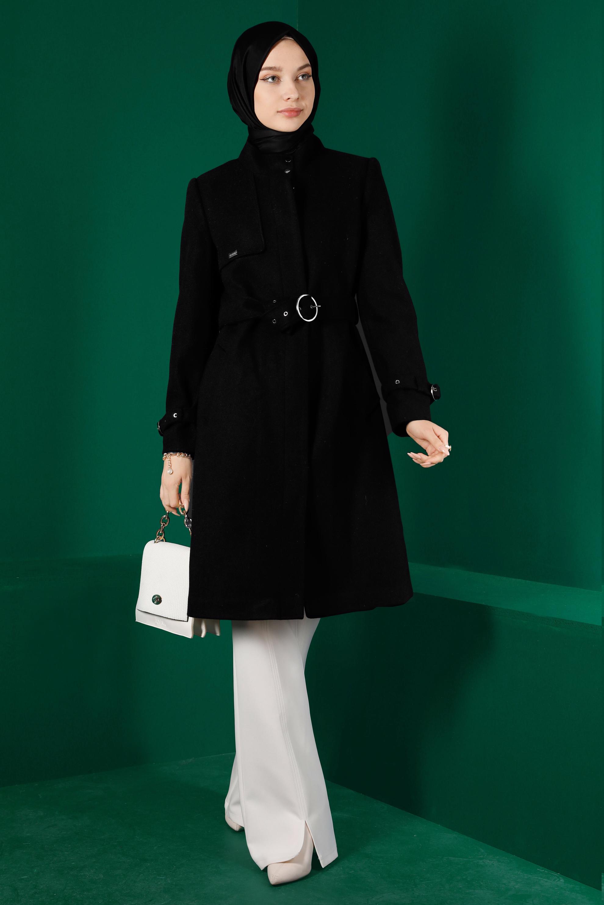 Tesettür giyim SİYAH KEMERLİ CEPLİ KABAN 90301