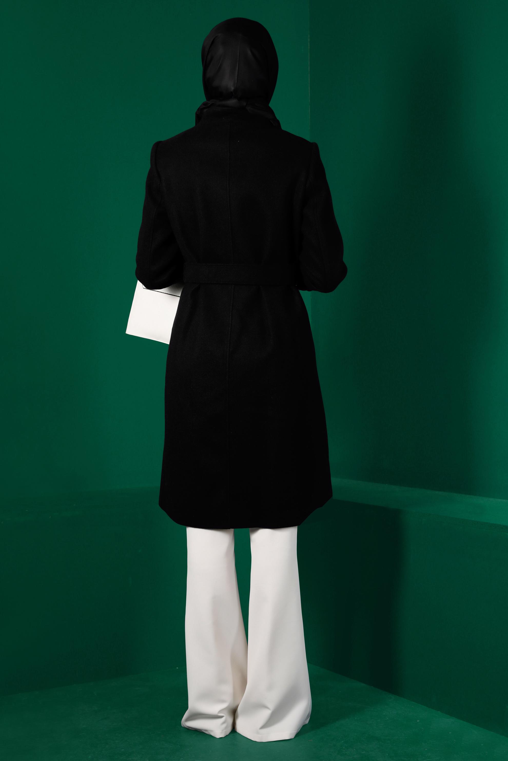 Tesettür giyim SİYAH KEMERLİ CEPLİ KABAN 90301