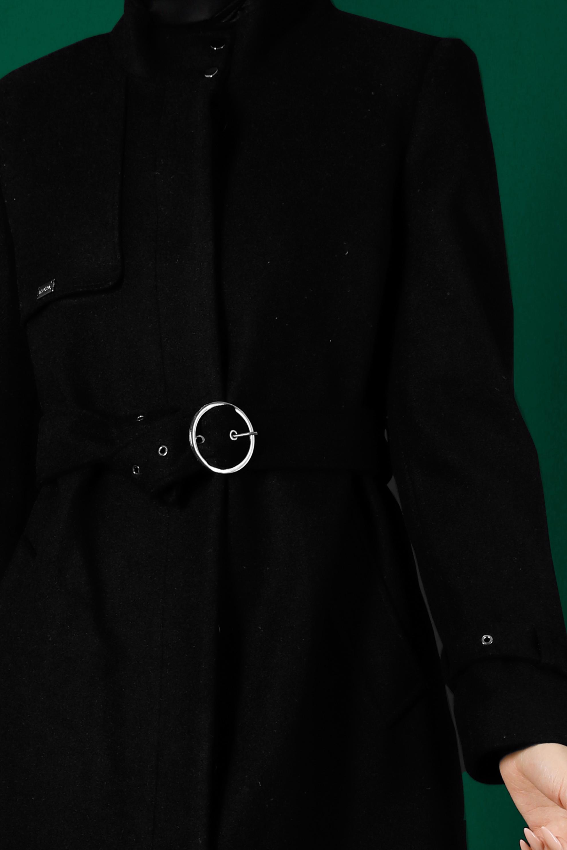 Tesettür giyim SİYAH KEMERLİ CEPLİ KABAN 90301