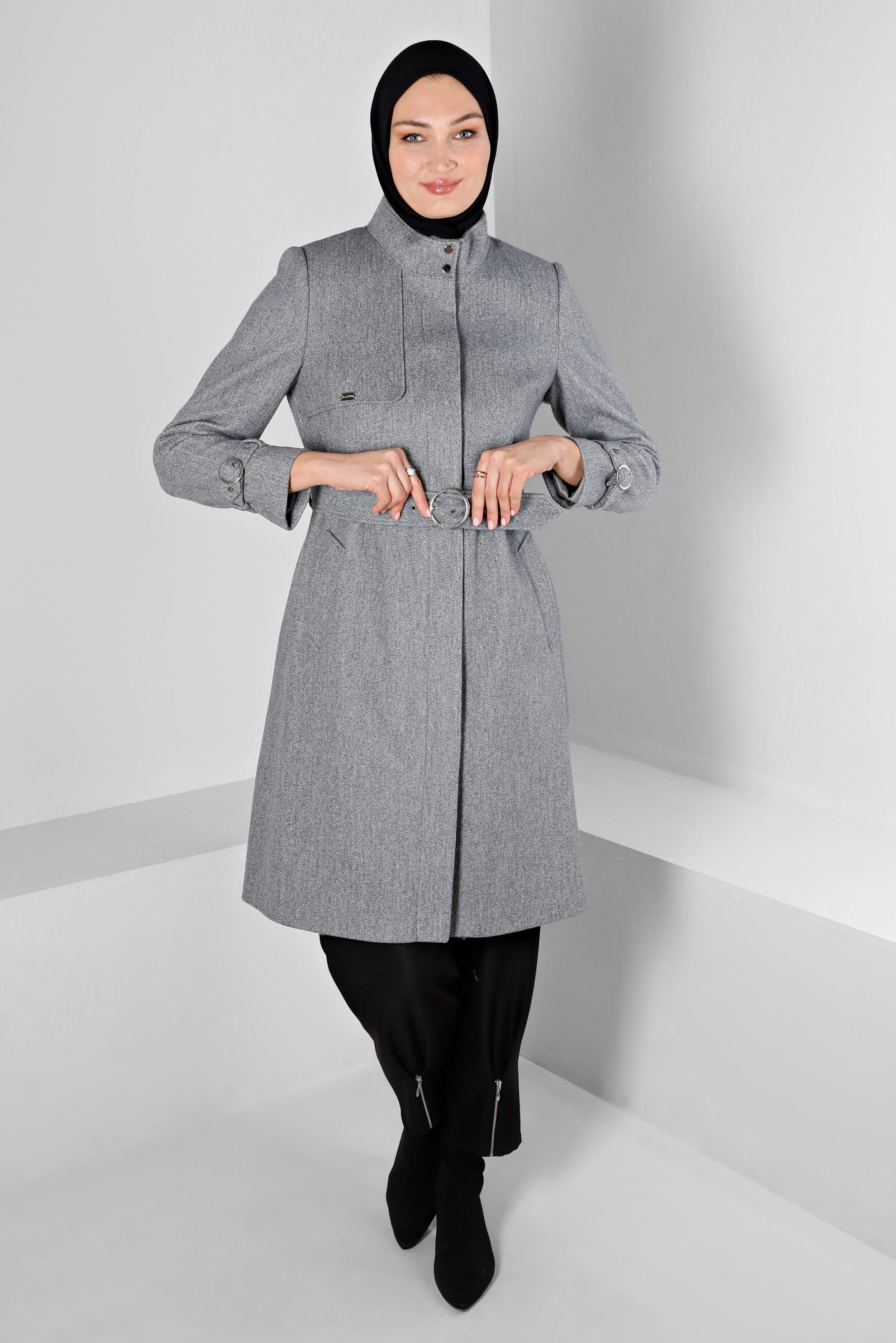 Tesettür giyim GRİ KEMERLİ CEPLİ KABAN 90301