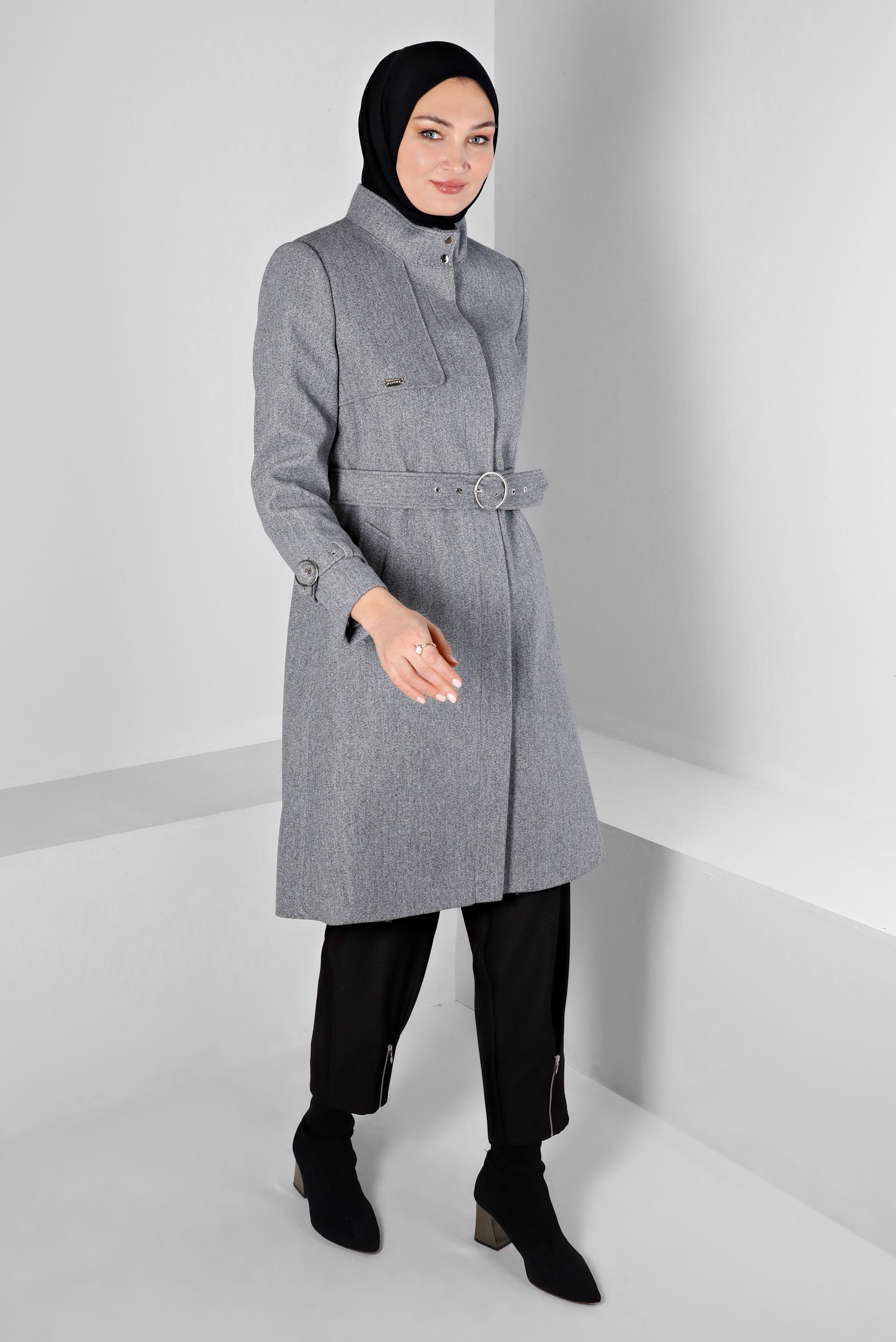 Tesettür giyim GRİ KEMERLİ CEPLİ KABAN 90301