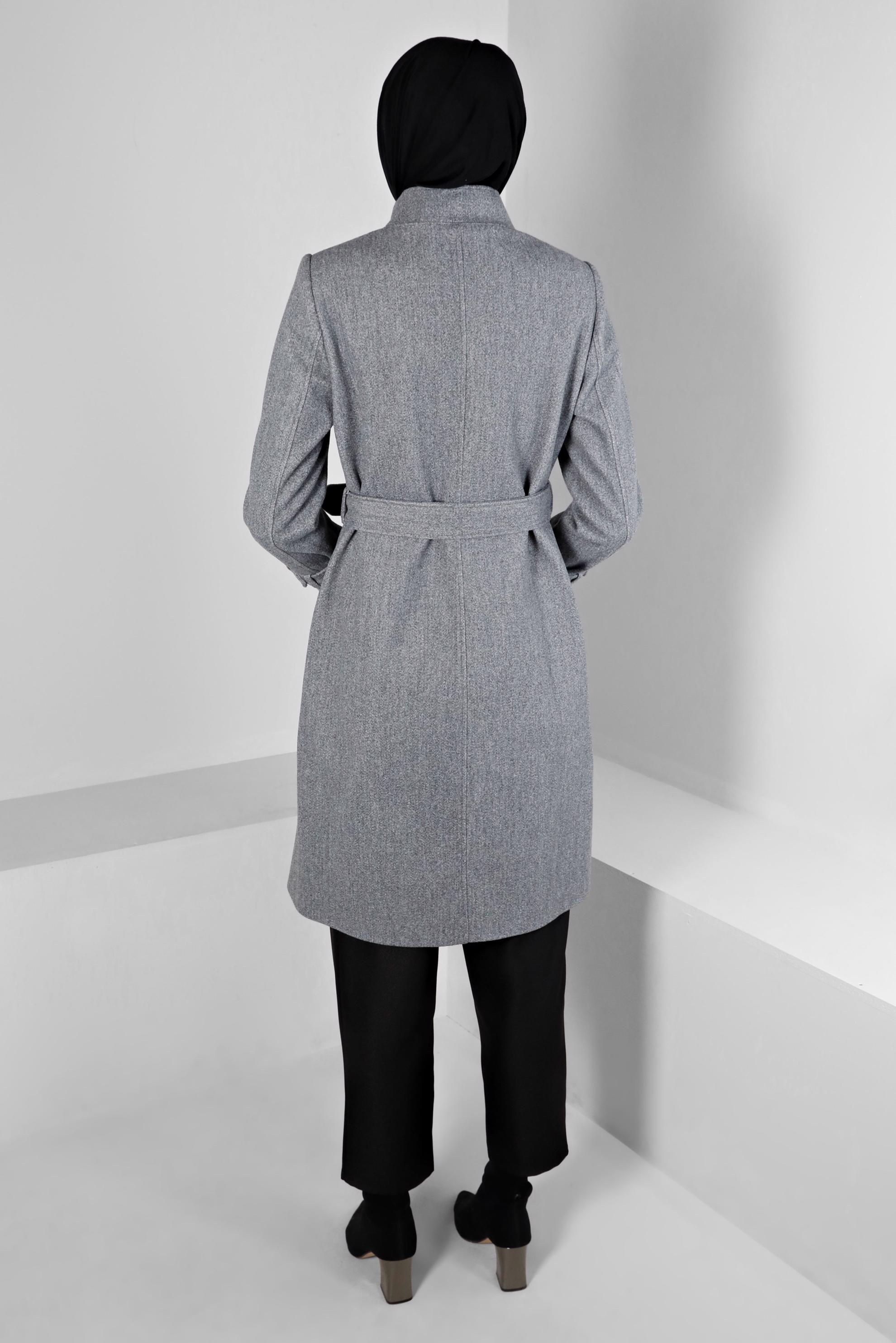 Tesettür giyim GRİ KEMERLİ CEPLİ KABAN 90301