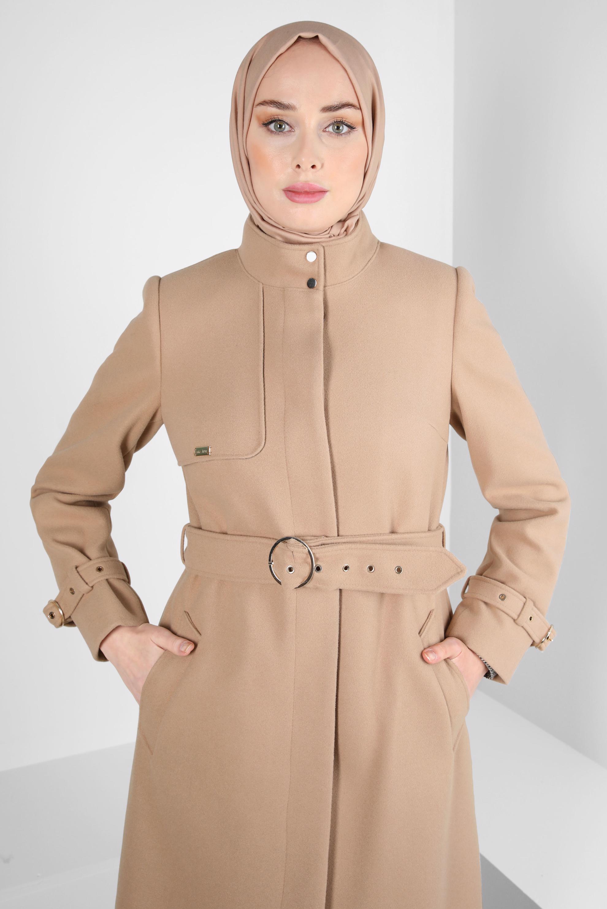 Tesettür giyim KAHVE KEMERLİ CEPLİ KABAN 90301