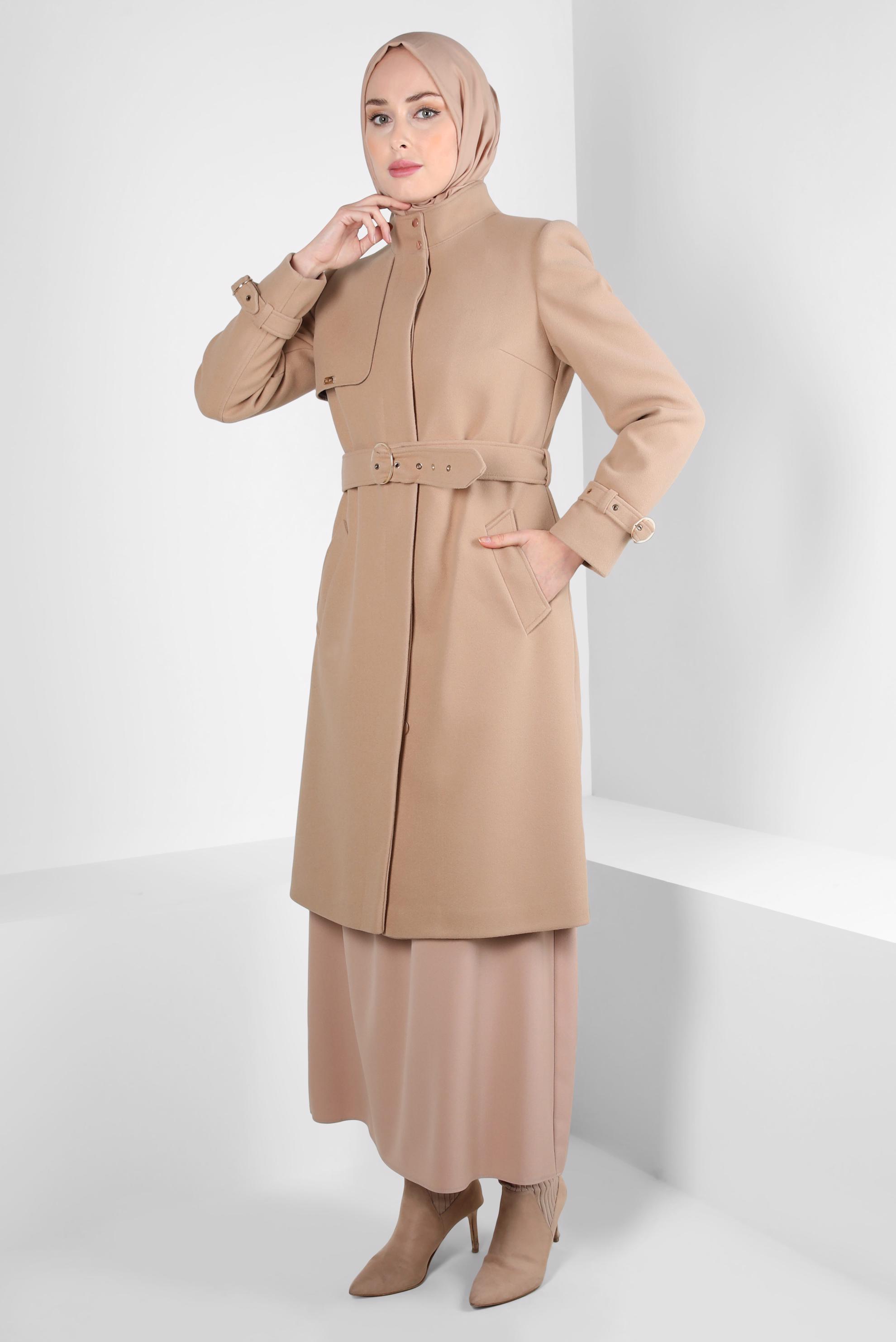 Tesettür giyim KAHVE KEMERLİ CEPLİ KABAN 90301