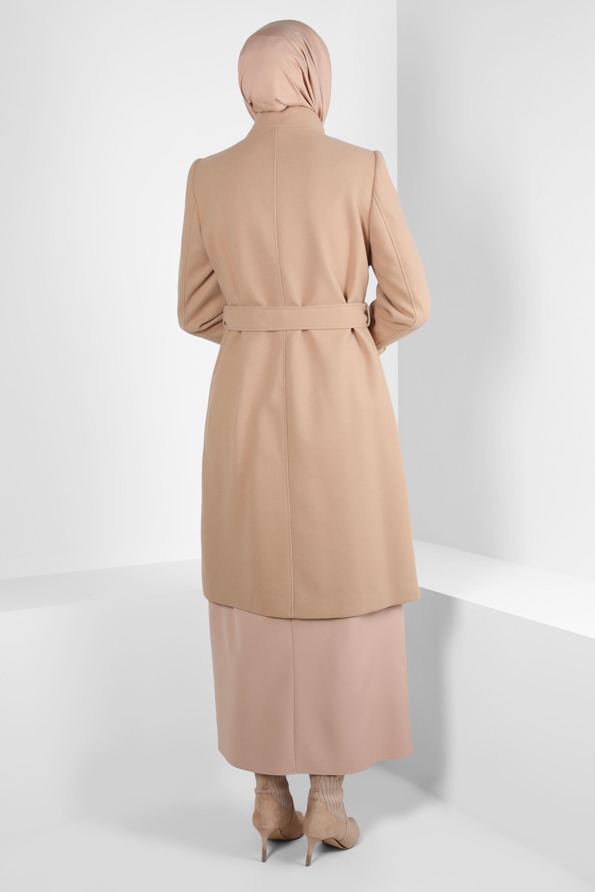 Tesettür giyim KAHVE KEMERLİ CEPLİ KABAN 90301