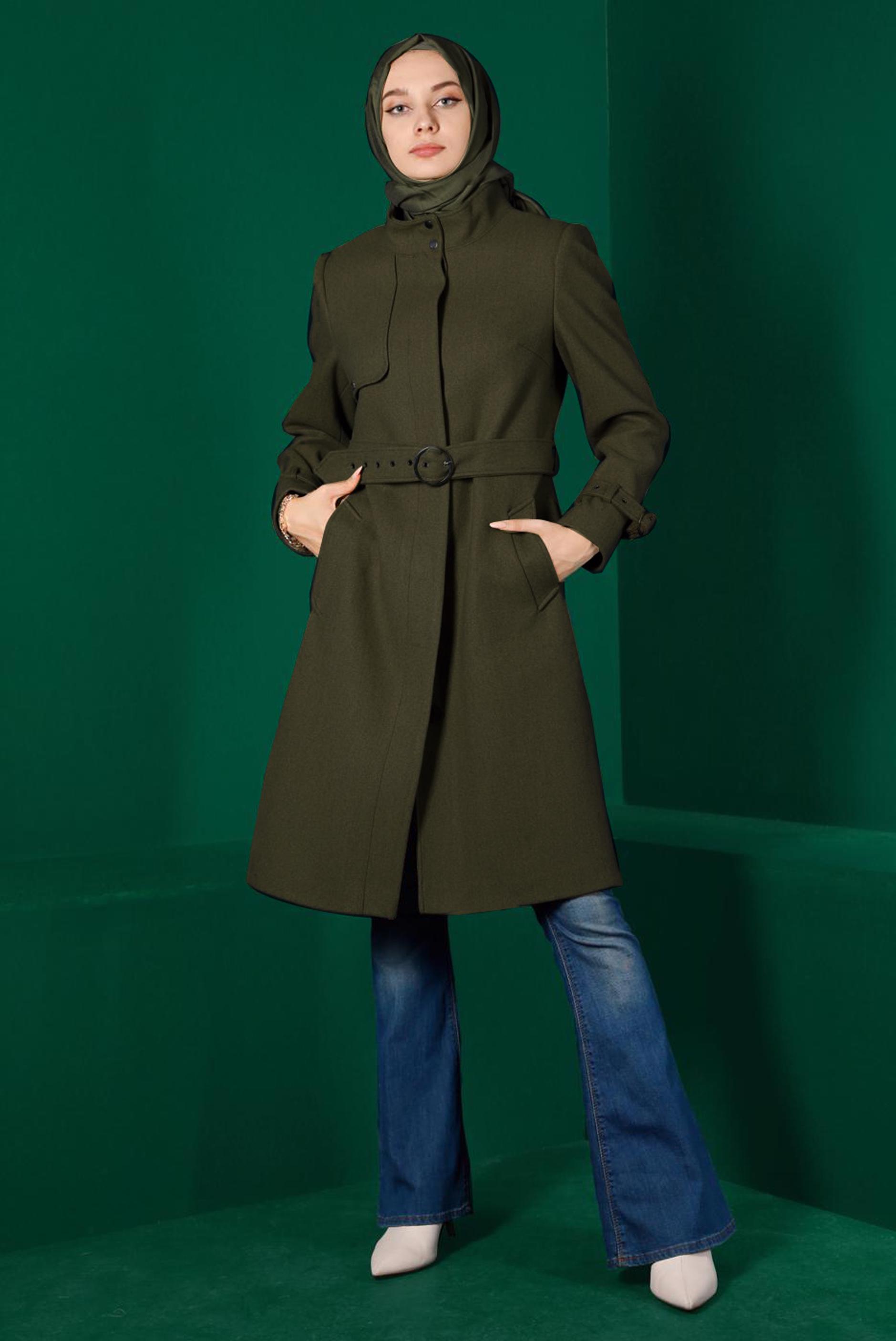 Tesettür giyim HAKİ KEMERLİ CEPLİ KABAN 90301