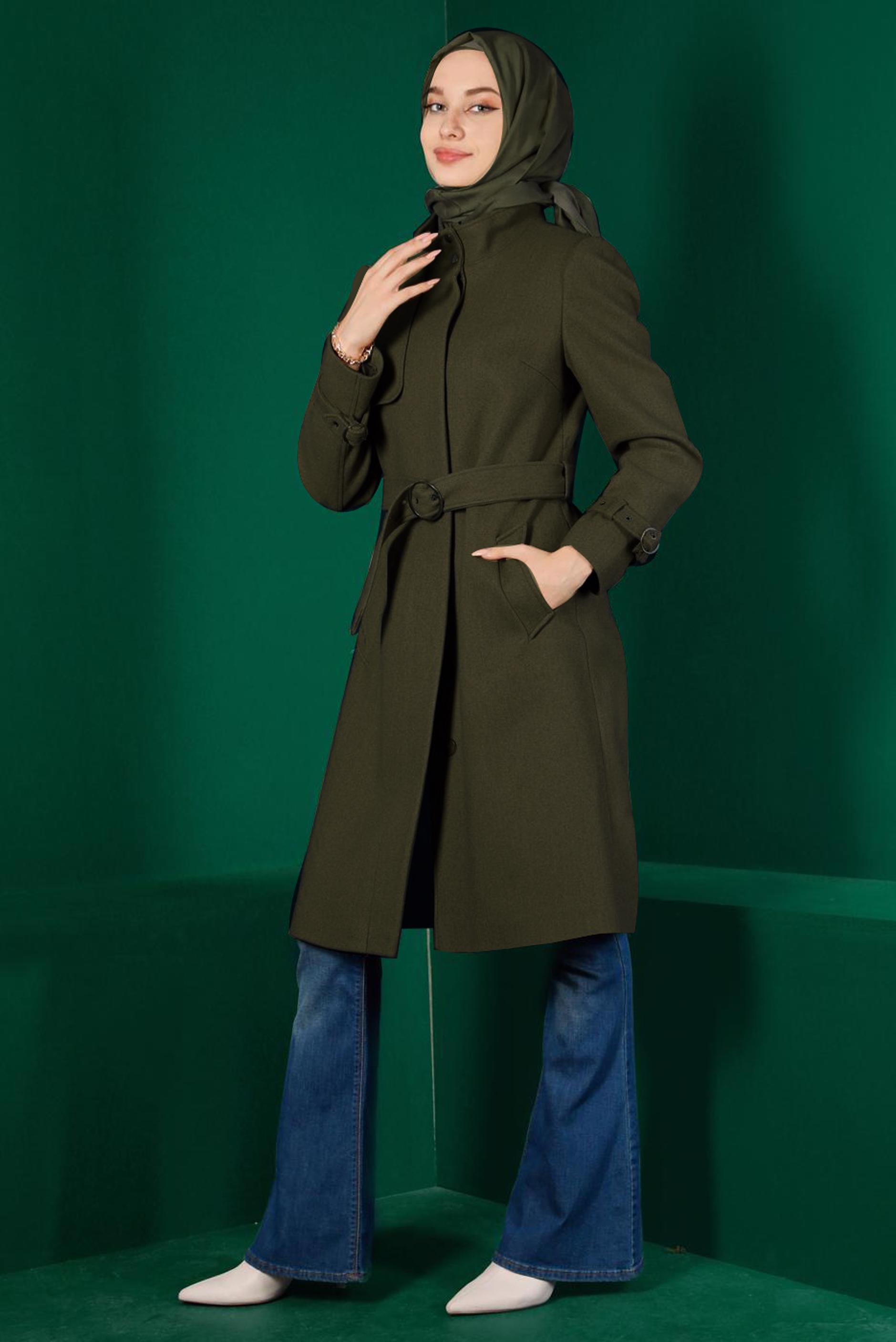 Tesettür giyim HAKİ KEMERLİ CEPLİ KABAN 90301