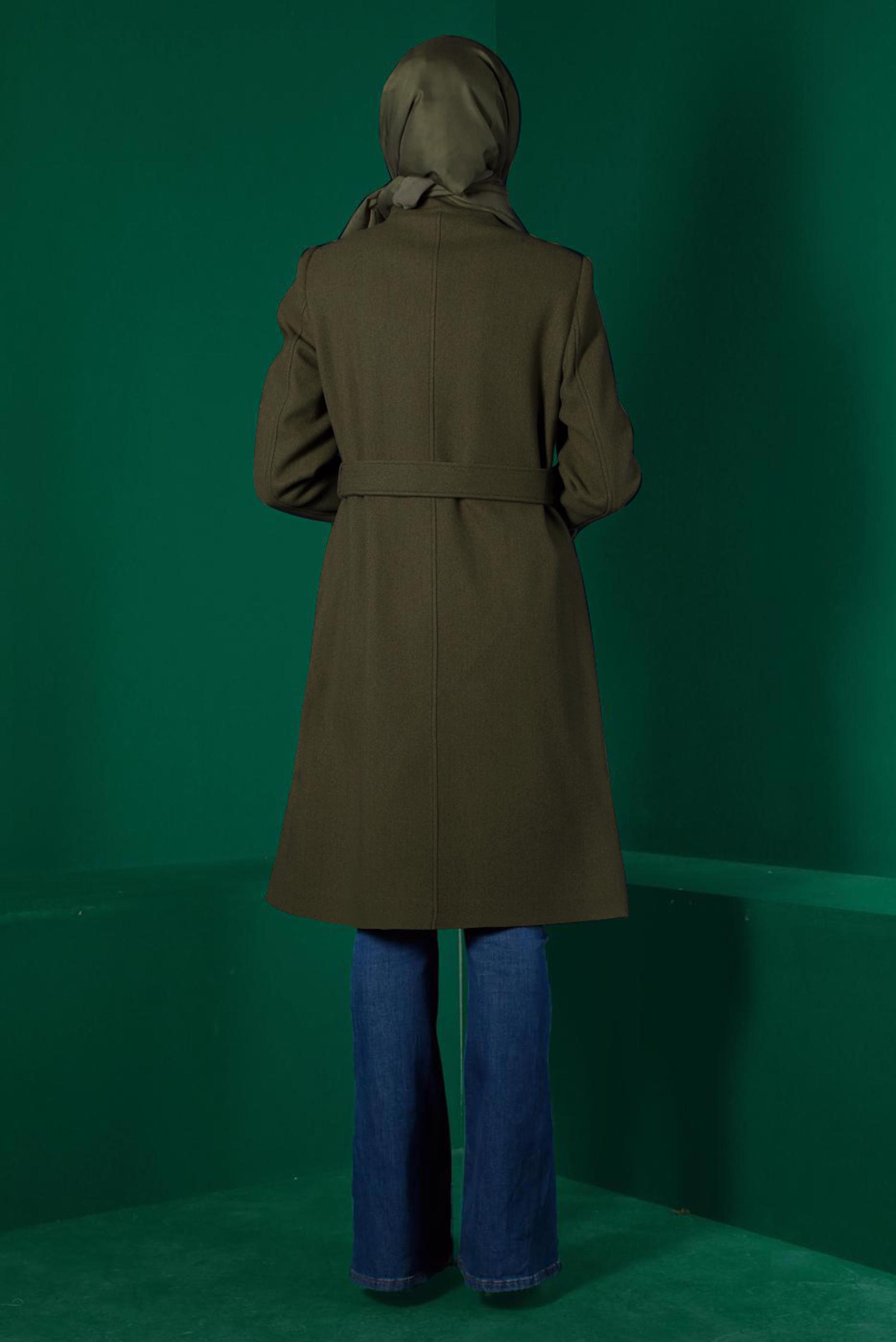 Tesettür giyim HAKİ KEMERLİ CEPLİ KABAN 90301